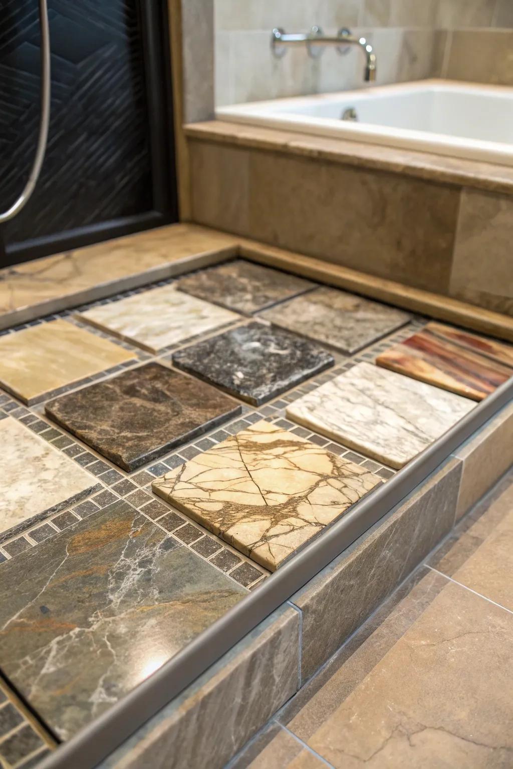 Organic stone units with unique designs lend an upscale feel to this luxurious shower pan.