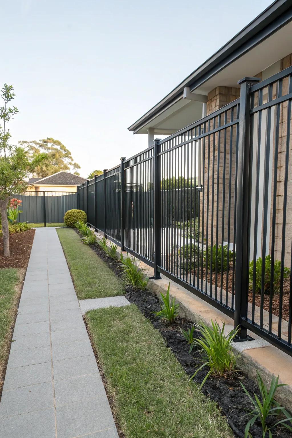 Modern side yard featuring a black metal enclosure.