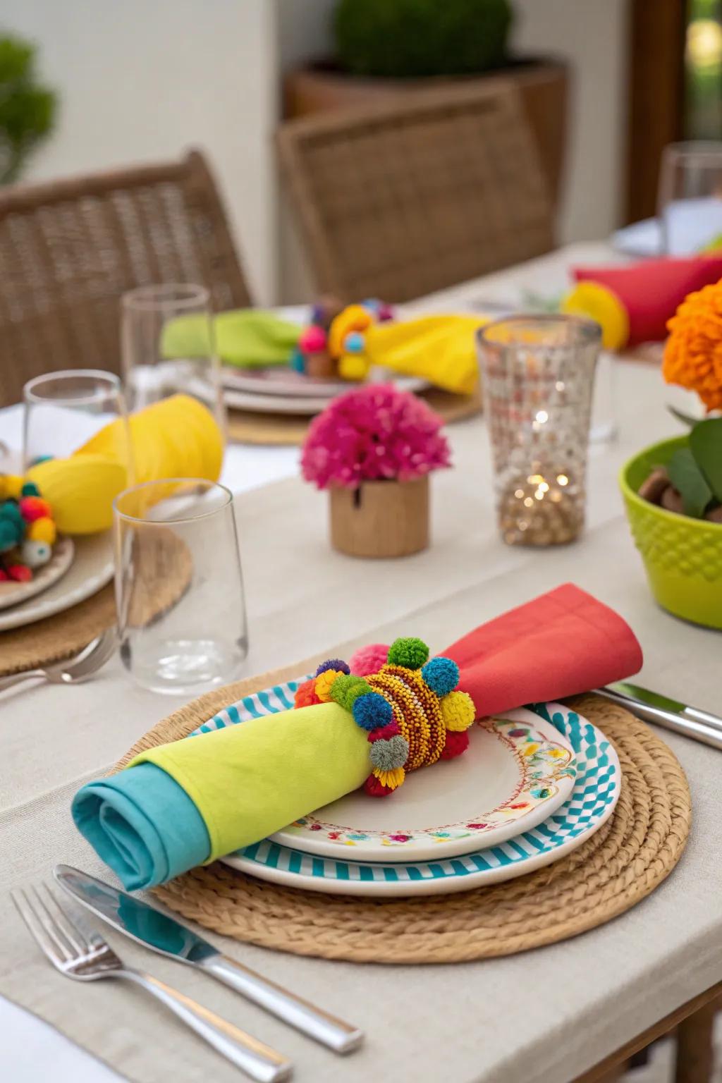 Vibrant beaded looplets introduce a striking splash of color, enriching the table setting.