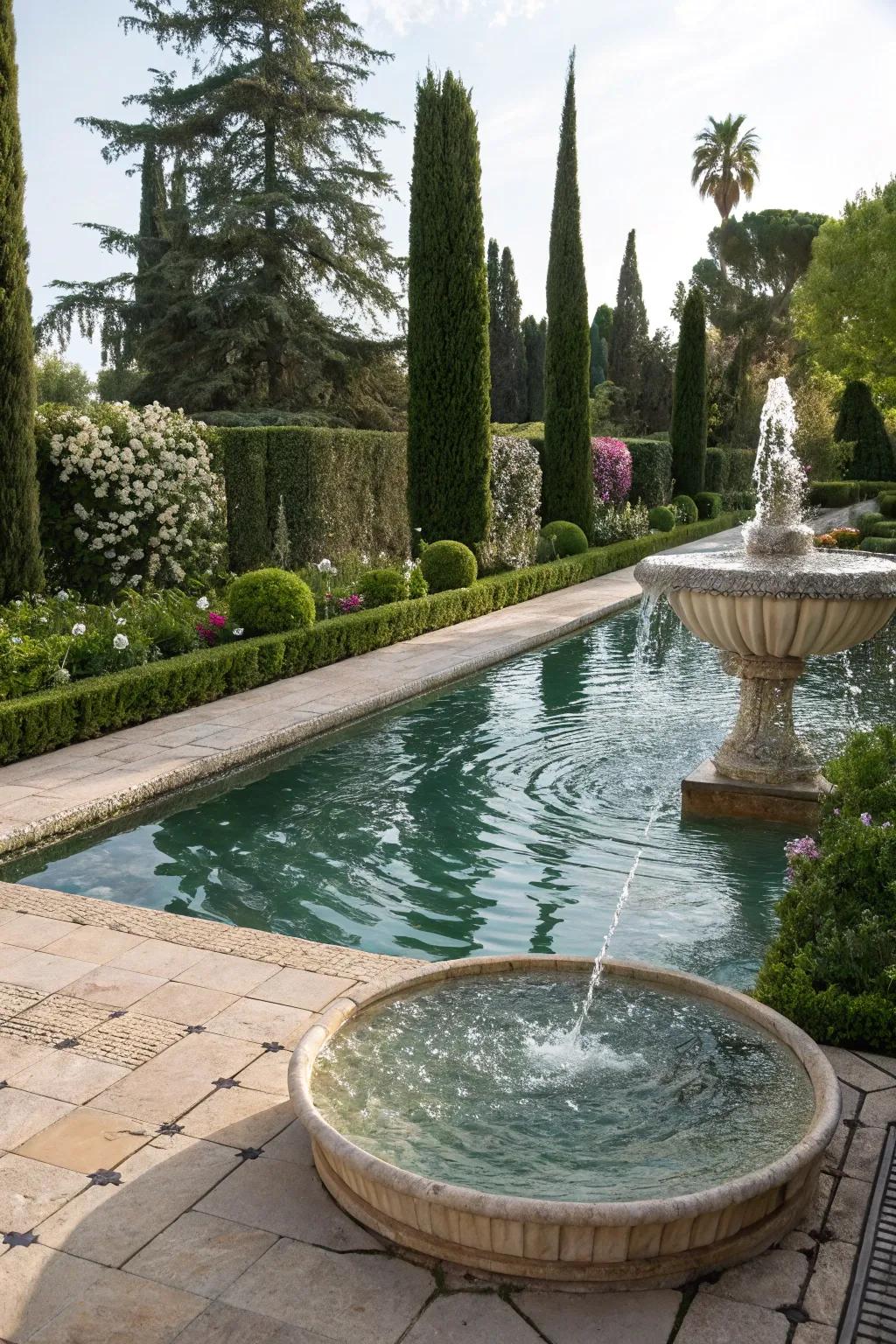 A peaceful water feature adding class to the pool area.
