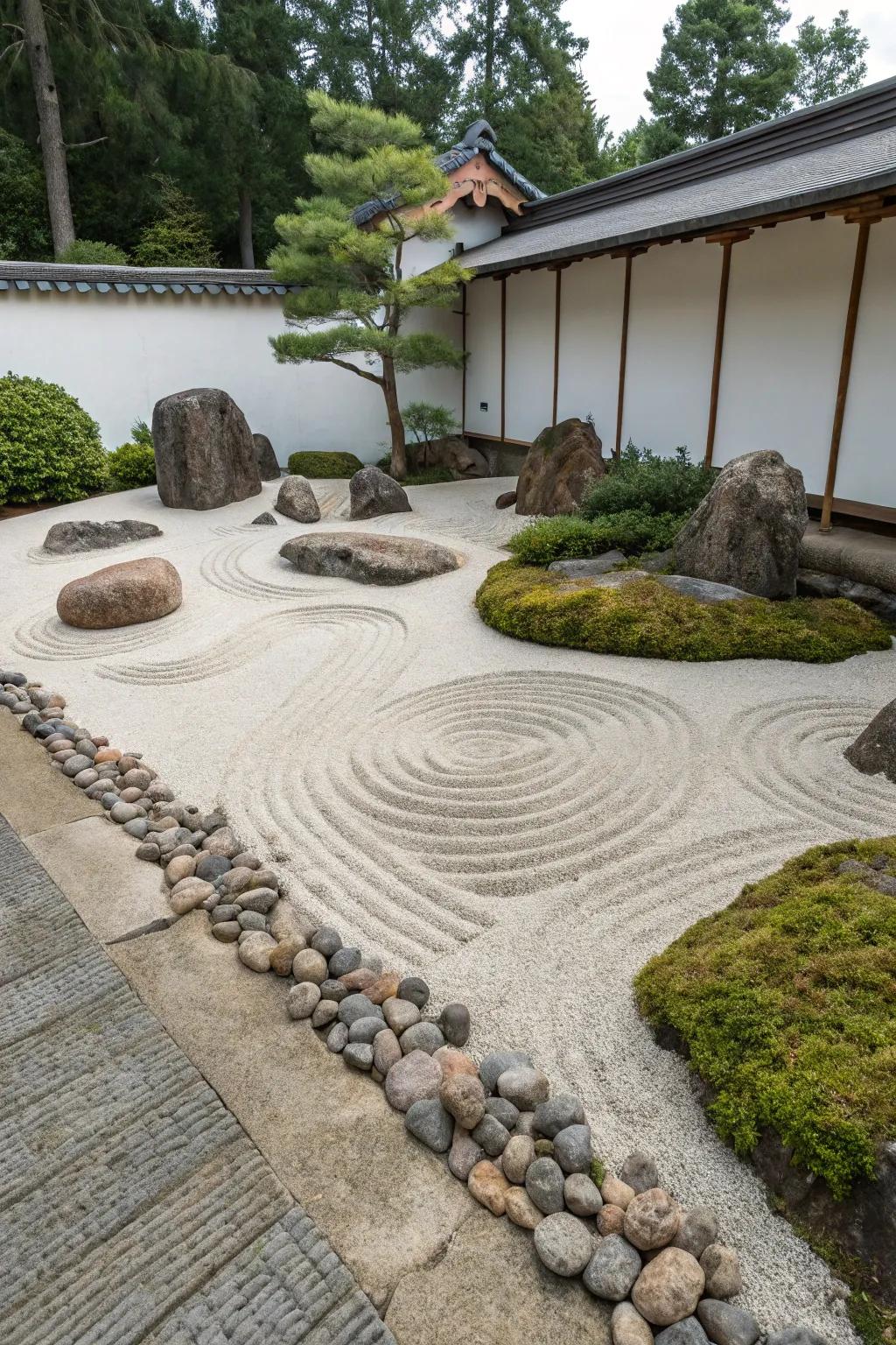 Calm stone gardens offer a tranquil escape for meditation.