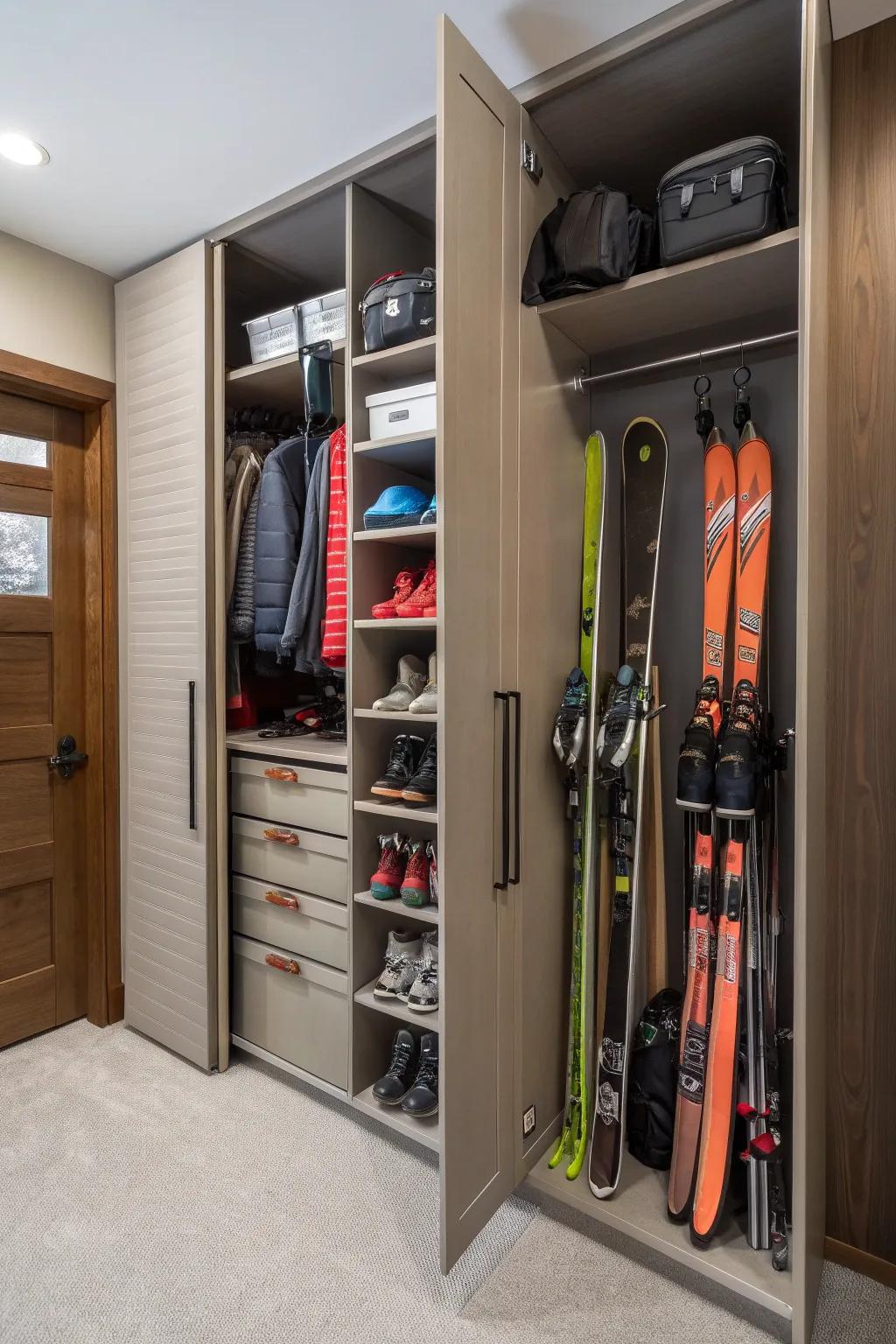 A specific ski closet keeps equipment hidden and well-organized.