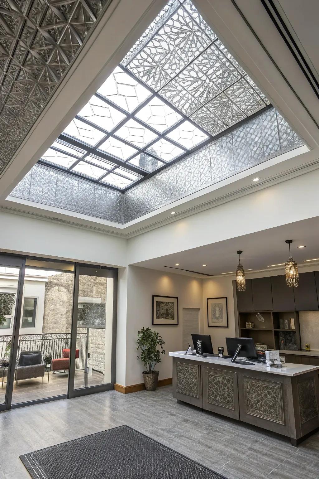 An office featuring a skylight with textured metal trim.