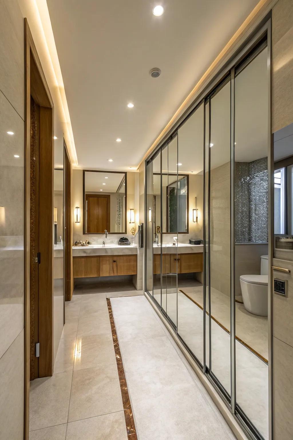 Mirrored moving doors bounce light, making the bathroom feel bigger and brighter.