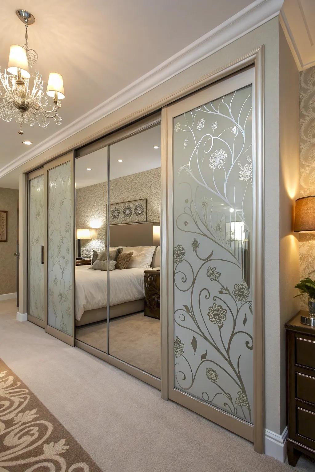 Artistic flair using engraved glass patterns.