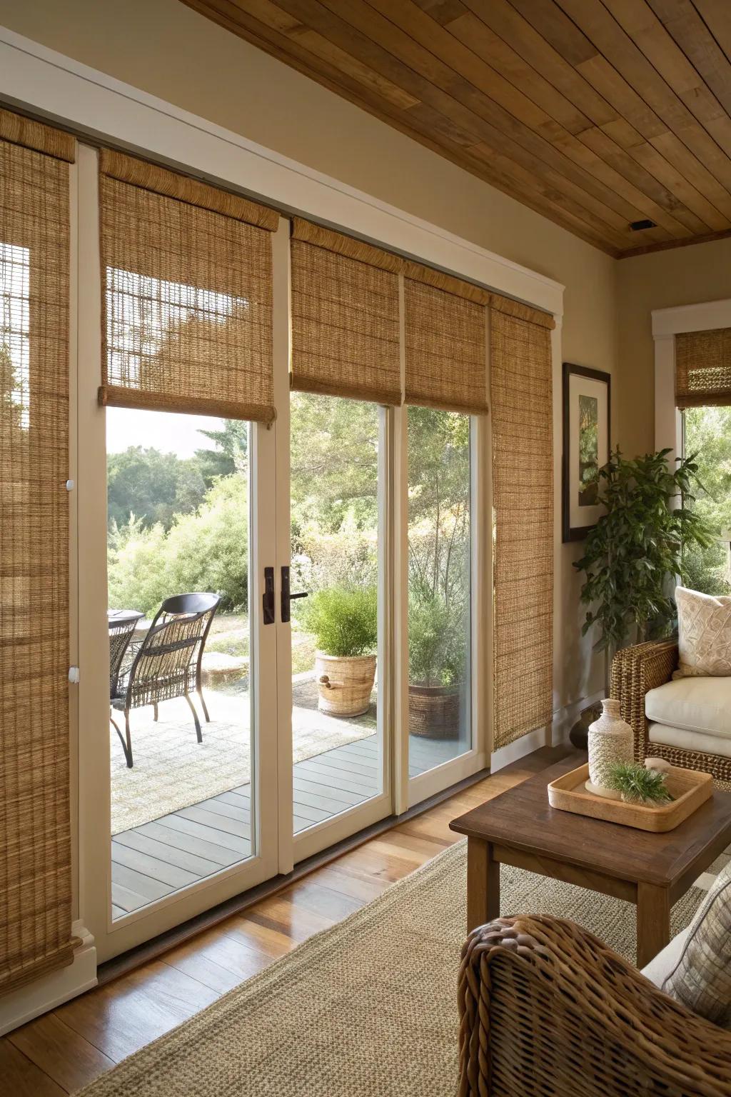 Knitted wood shades impart texture and individuality.