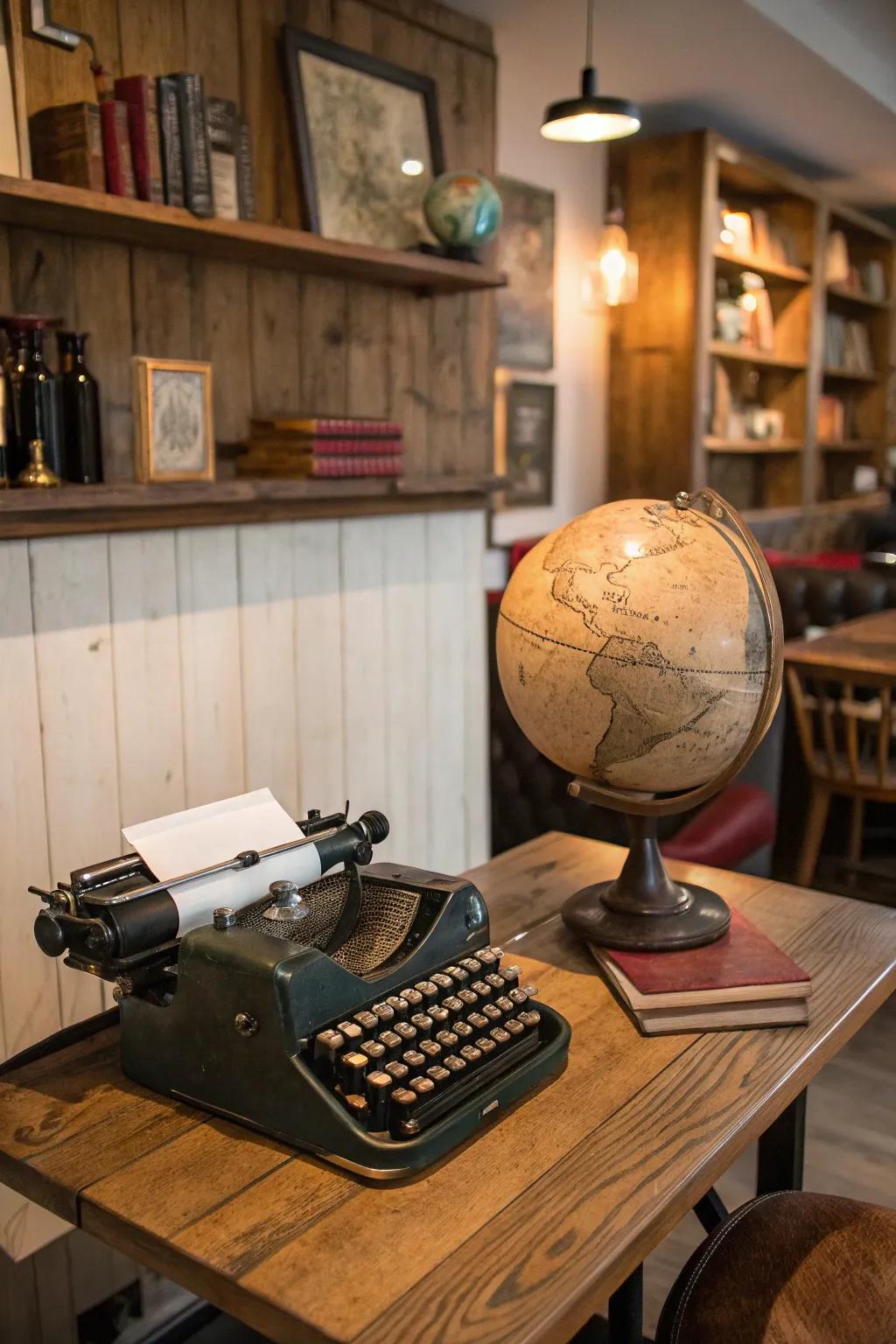 Vintage typewriter and old globe as distinctive conversation starters