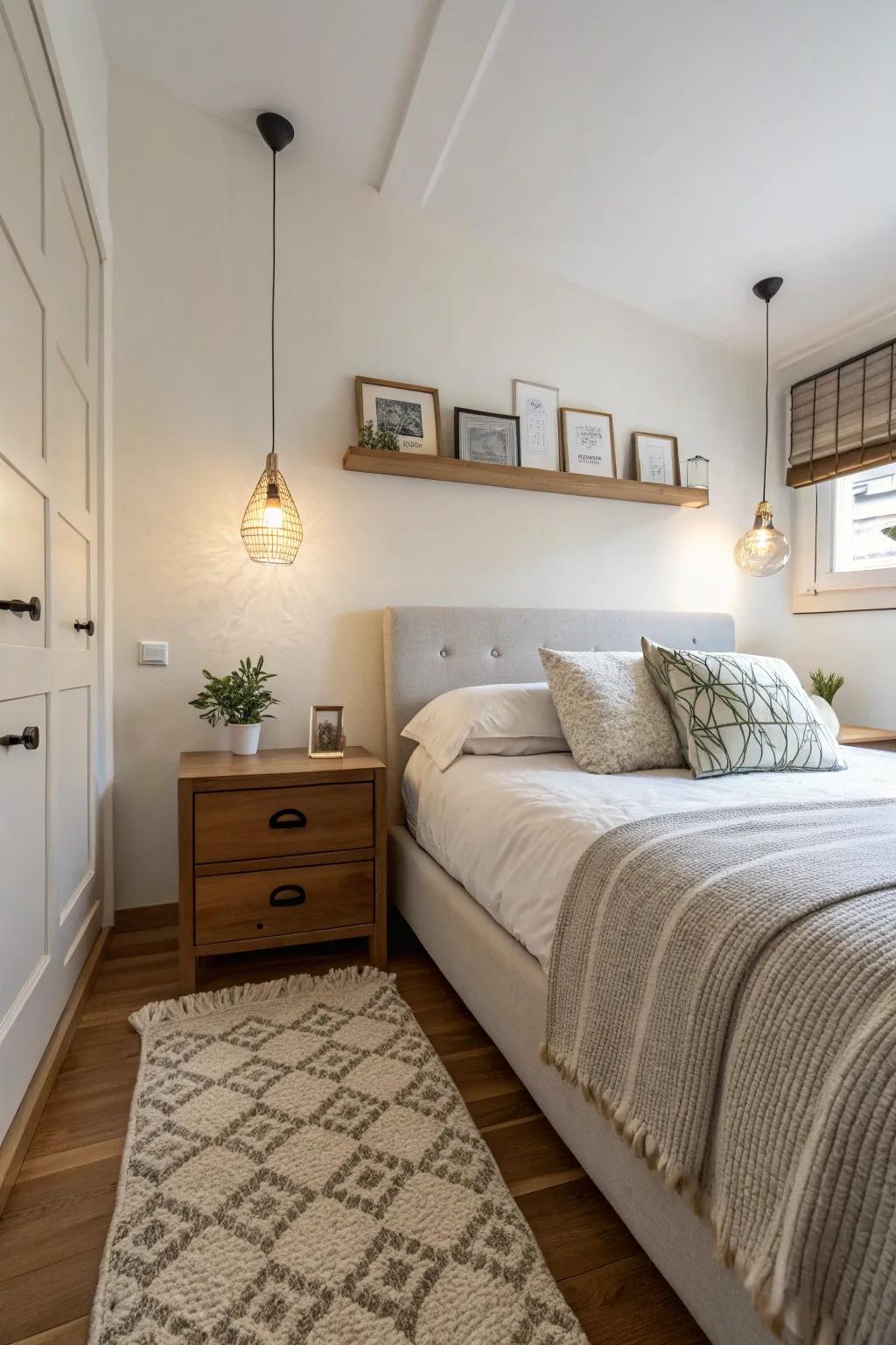 Floating bedside tables provide design and space.