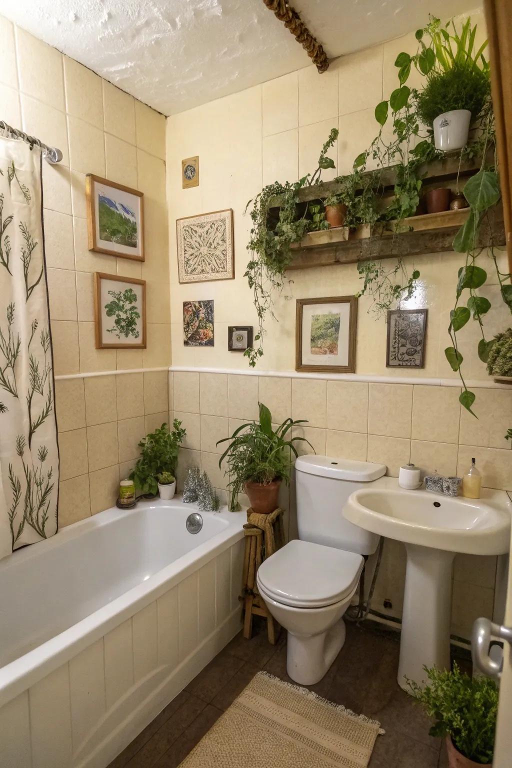 A personalized compact bathroom with greenery and art.