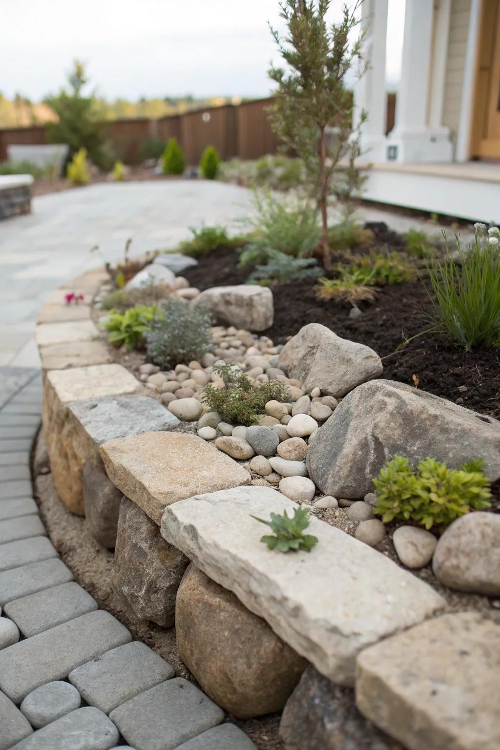 Stylish stone borders outline this corner rockery.