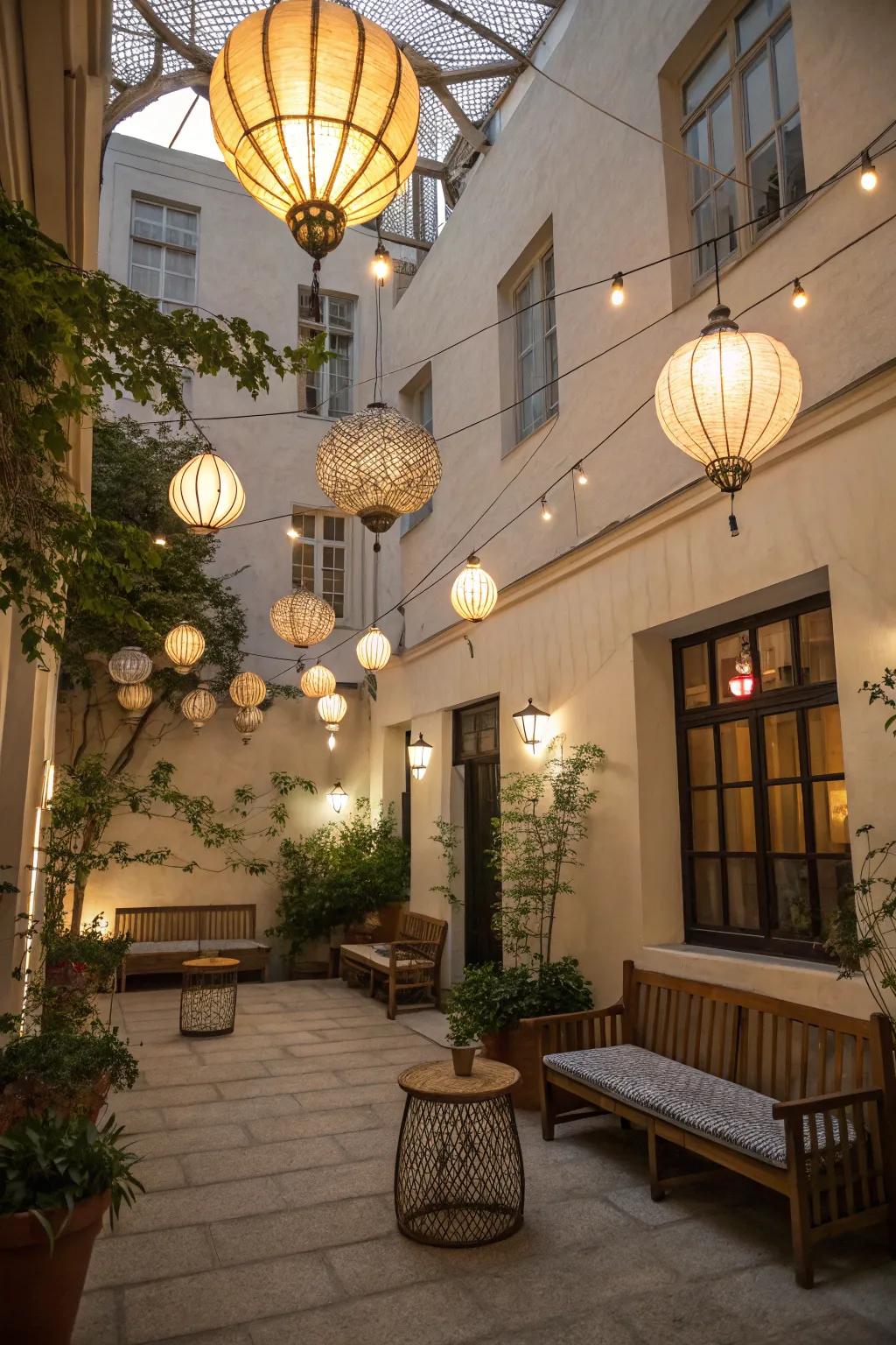 Dangling lanterns append whimsy and warmth to open-air spaces.
