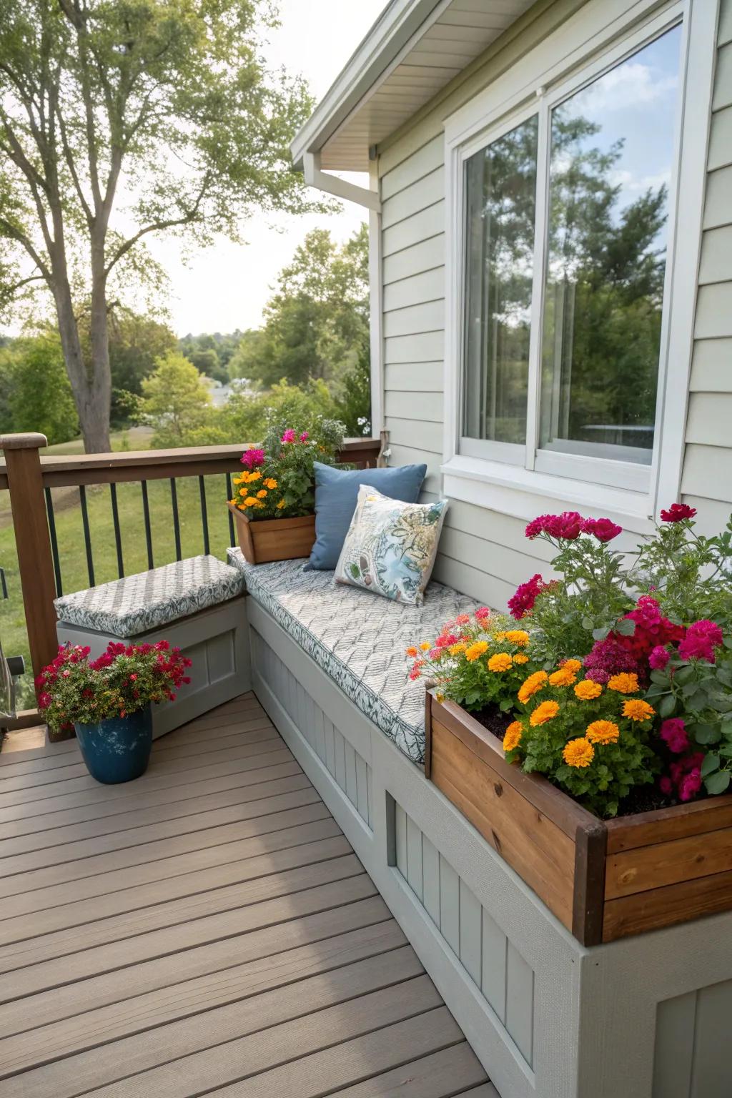A personal touch with a DIY bench and container on a small deck.