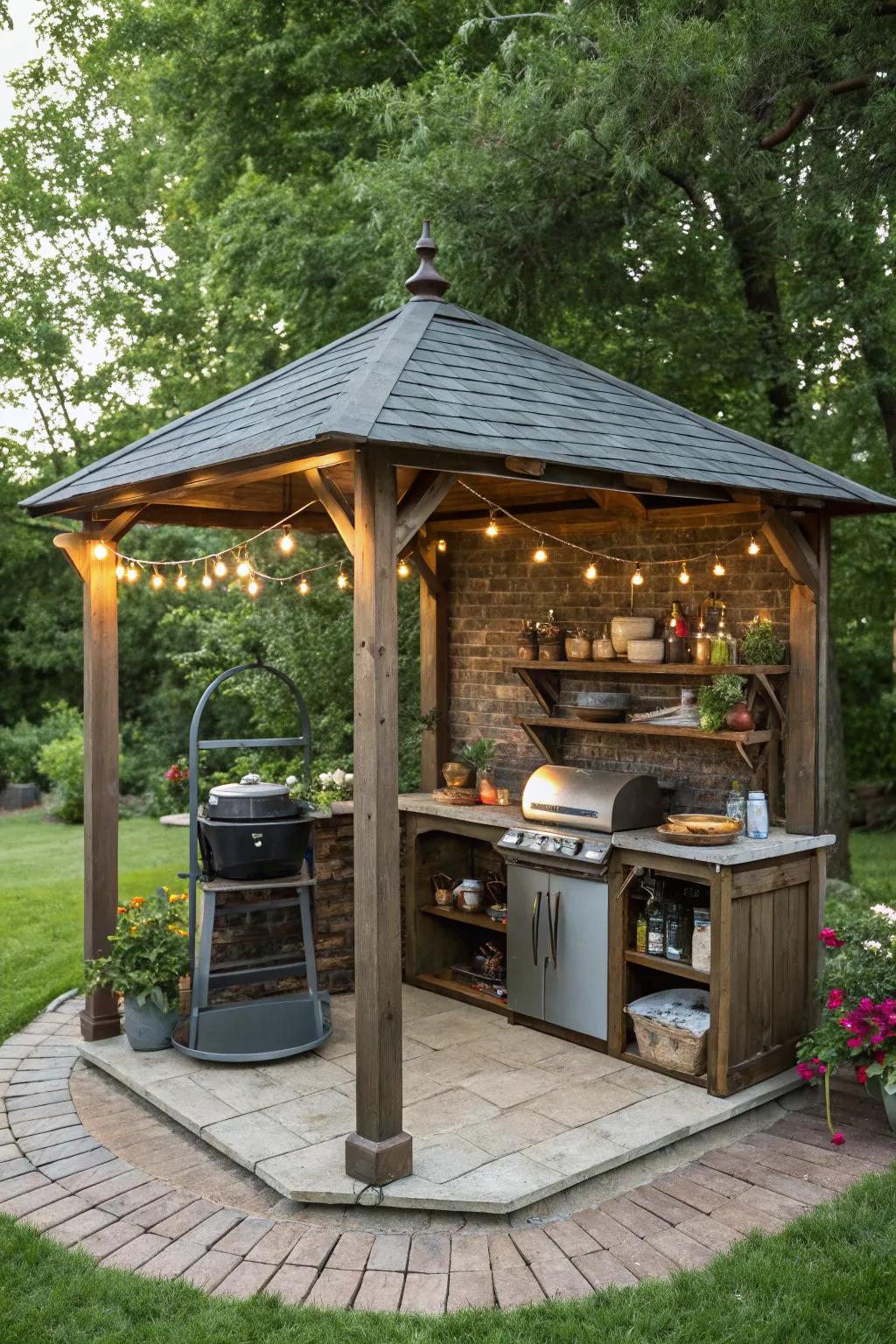 Grill and chill with a rustic pavilion setting.