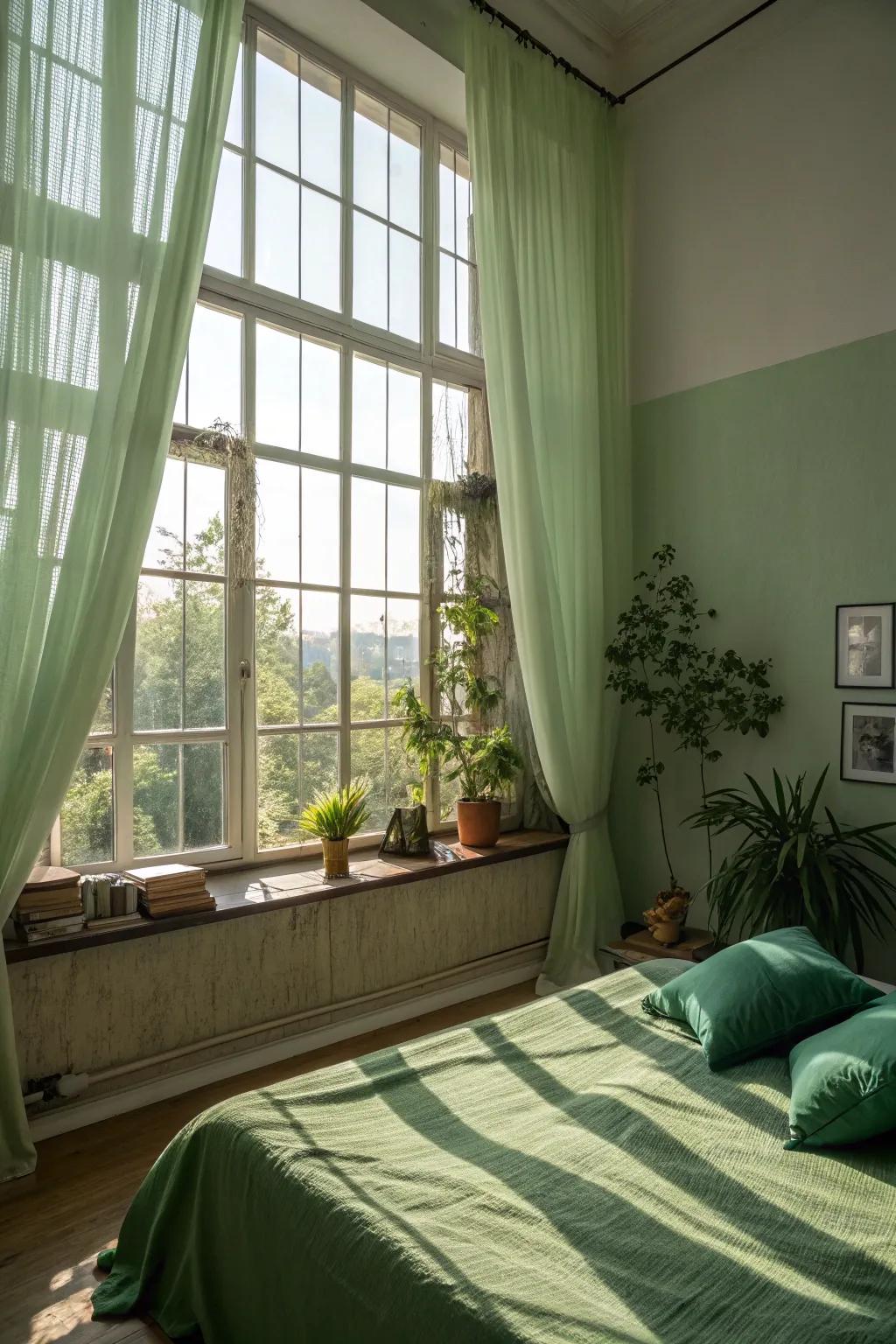 Sunlight enhances the vibrancy of a green sleeping quarter.