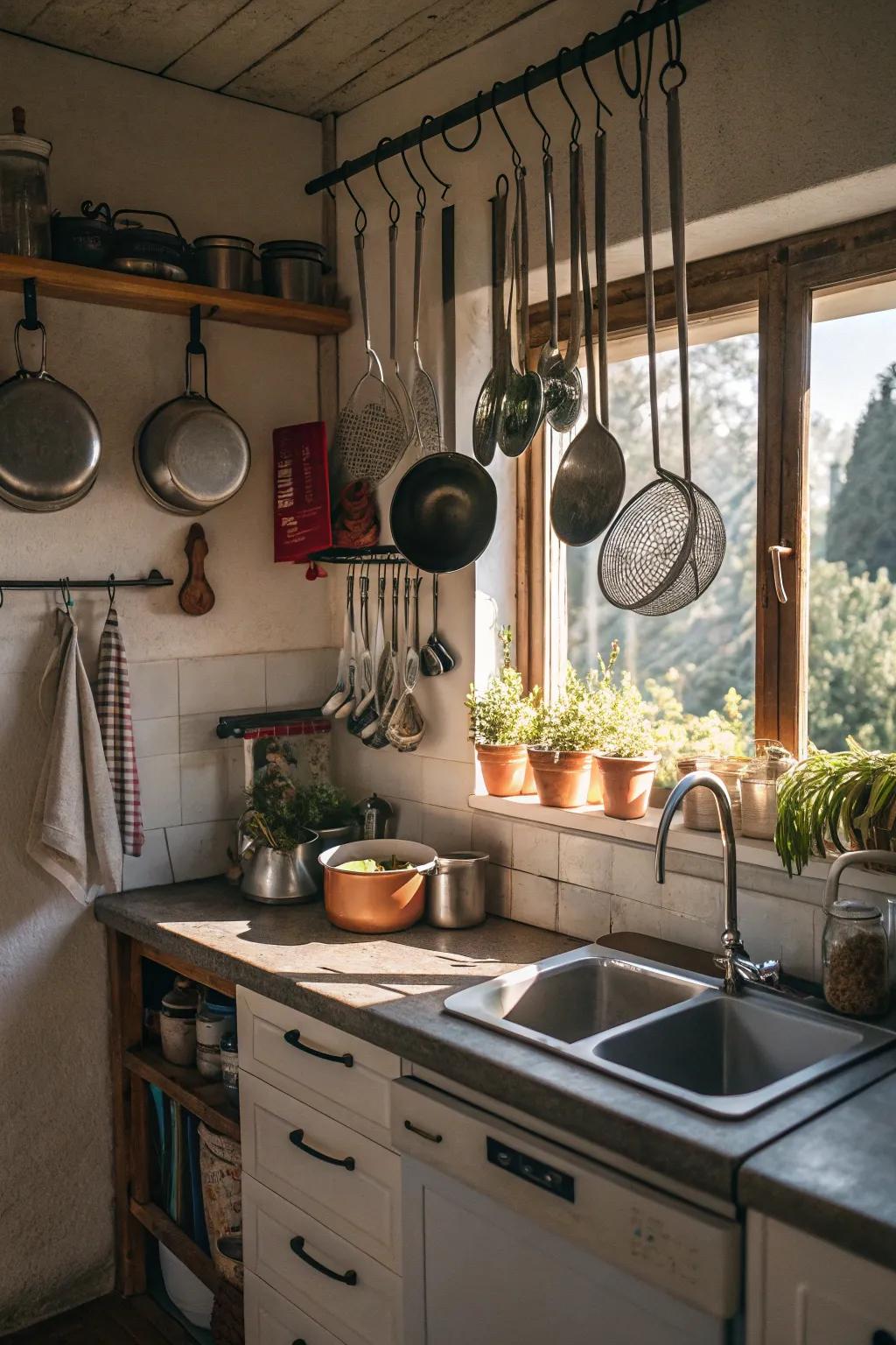 Suspending tools optimizes vertical dimensions in this kitchen.