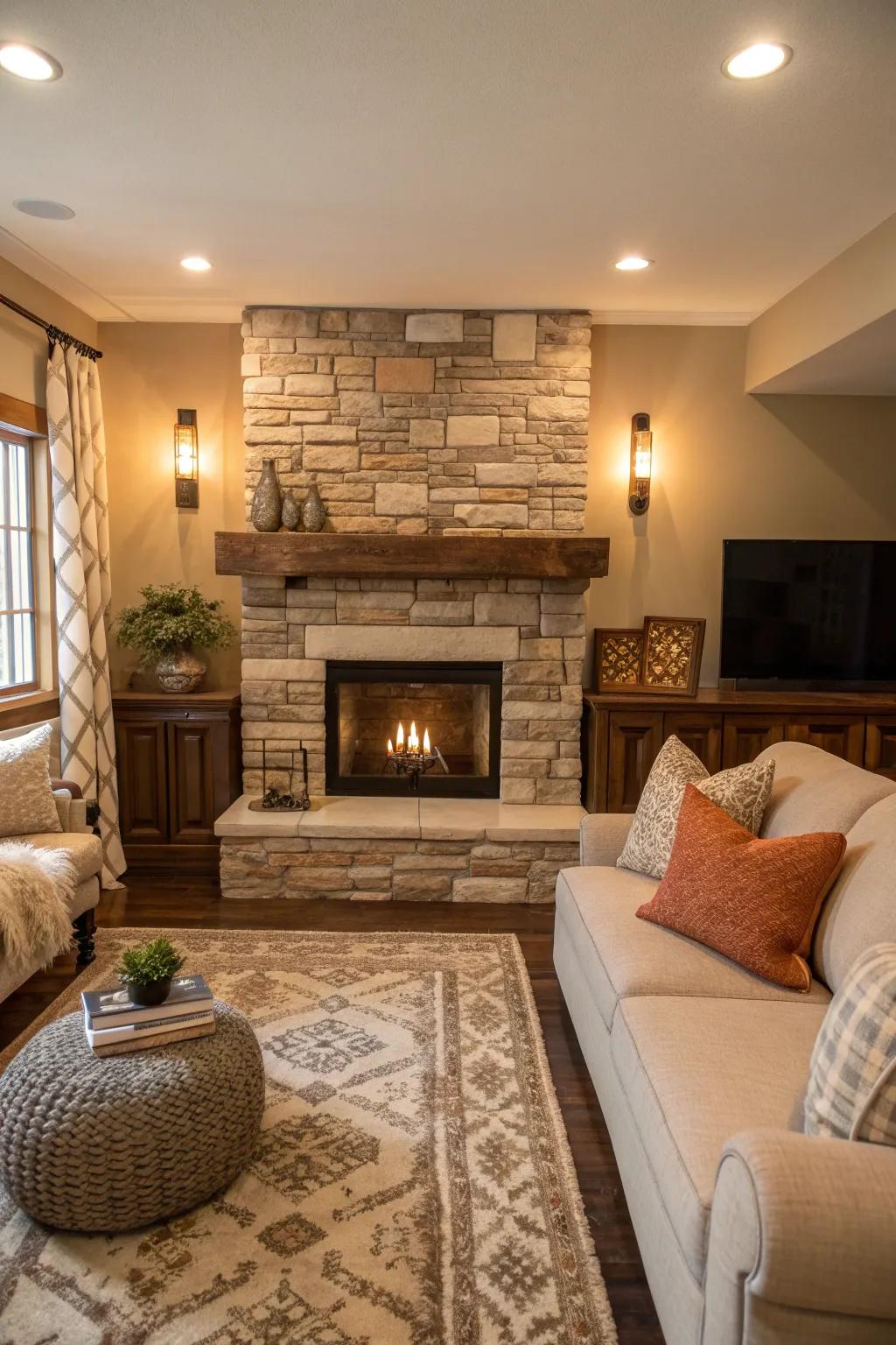 Textures such as stone or brick introduce dimension and country-style charm to your fireplace setting.