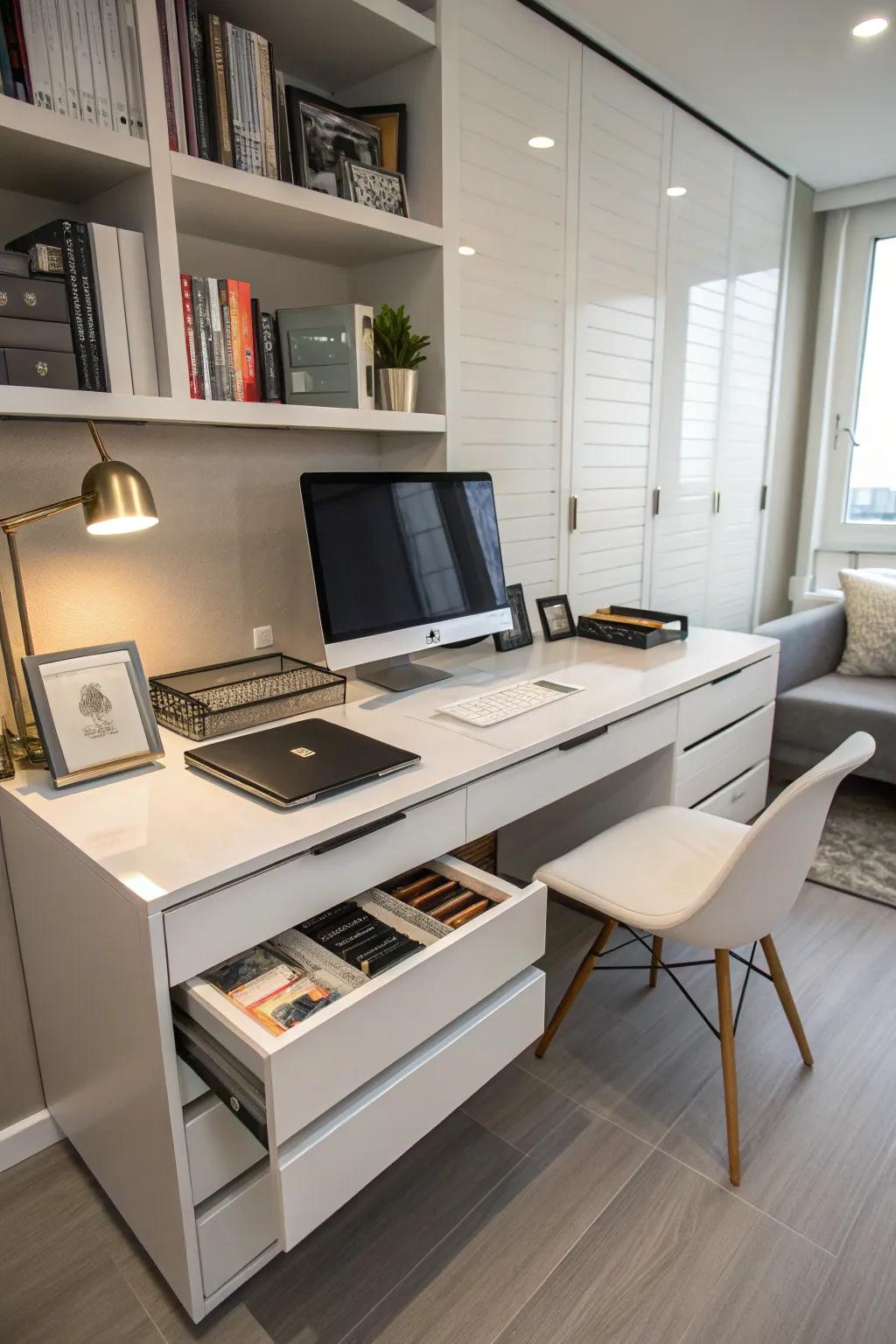 Concealed storage allows for a tidy and organized workspace.