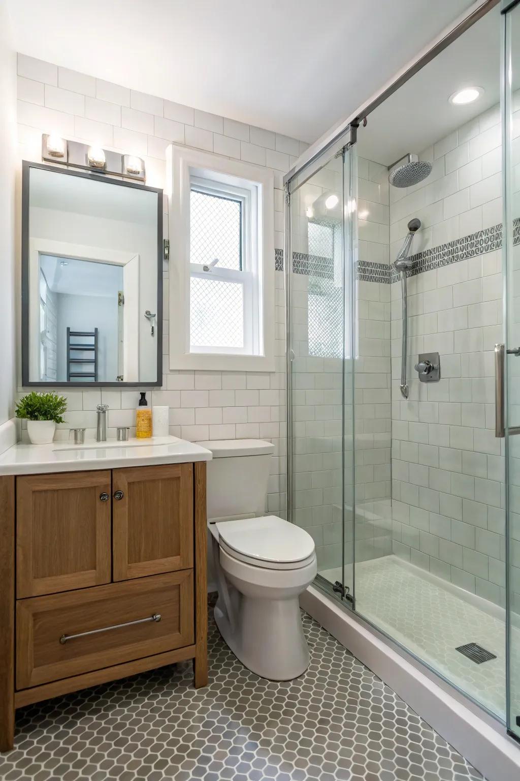 Frameless glass doors create a seamless and open shower area.