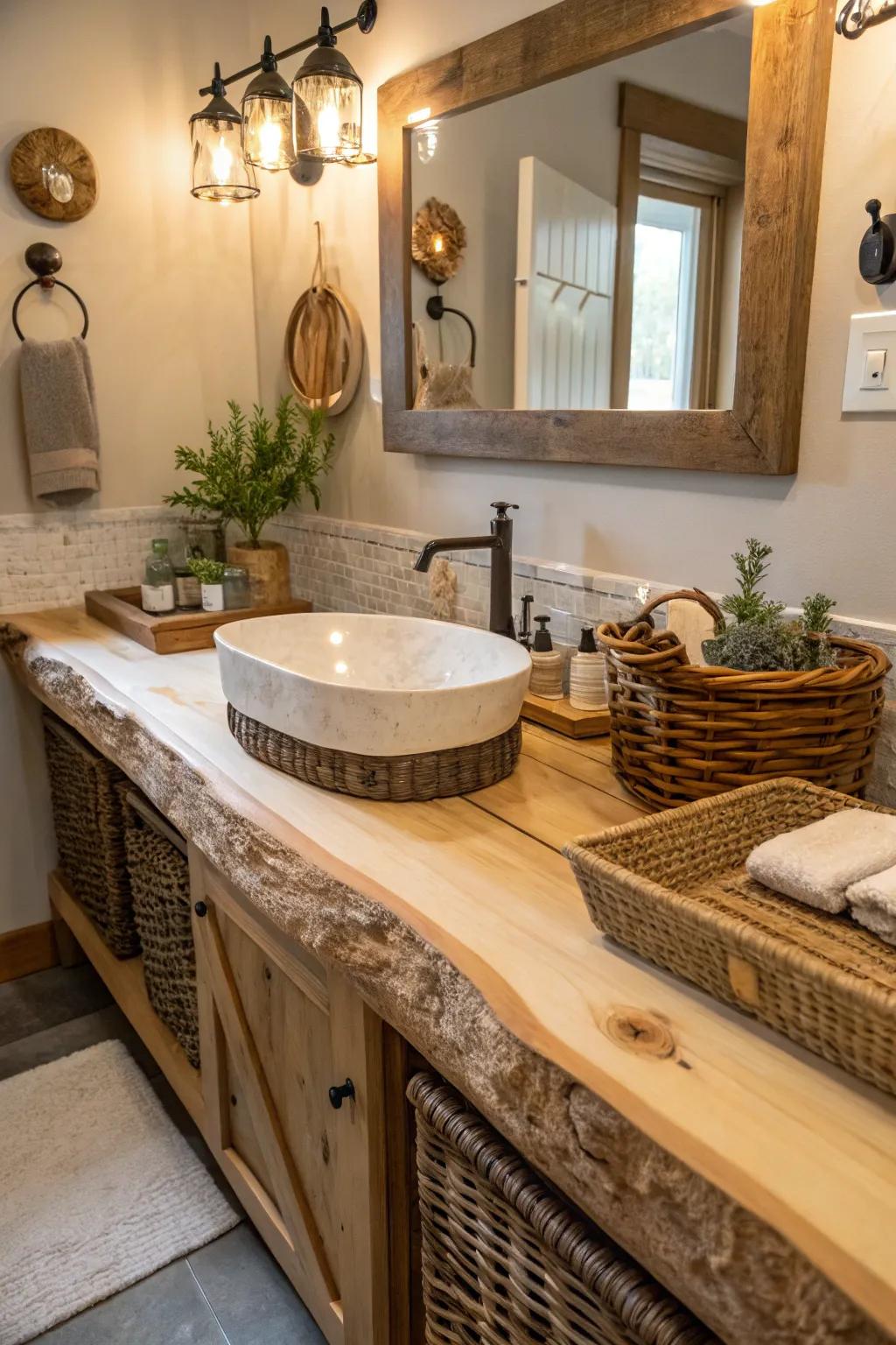 Organic edge worktops bring the essence of nature into a countryside-themed bathroom.