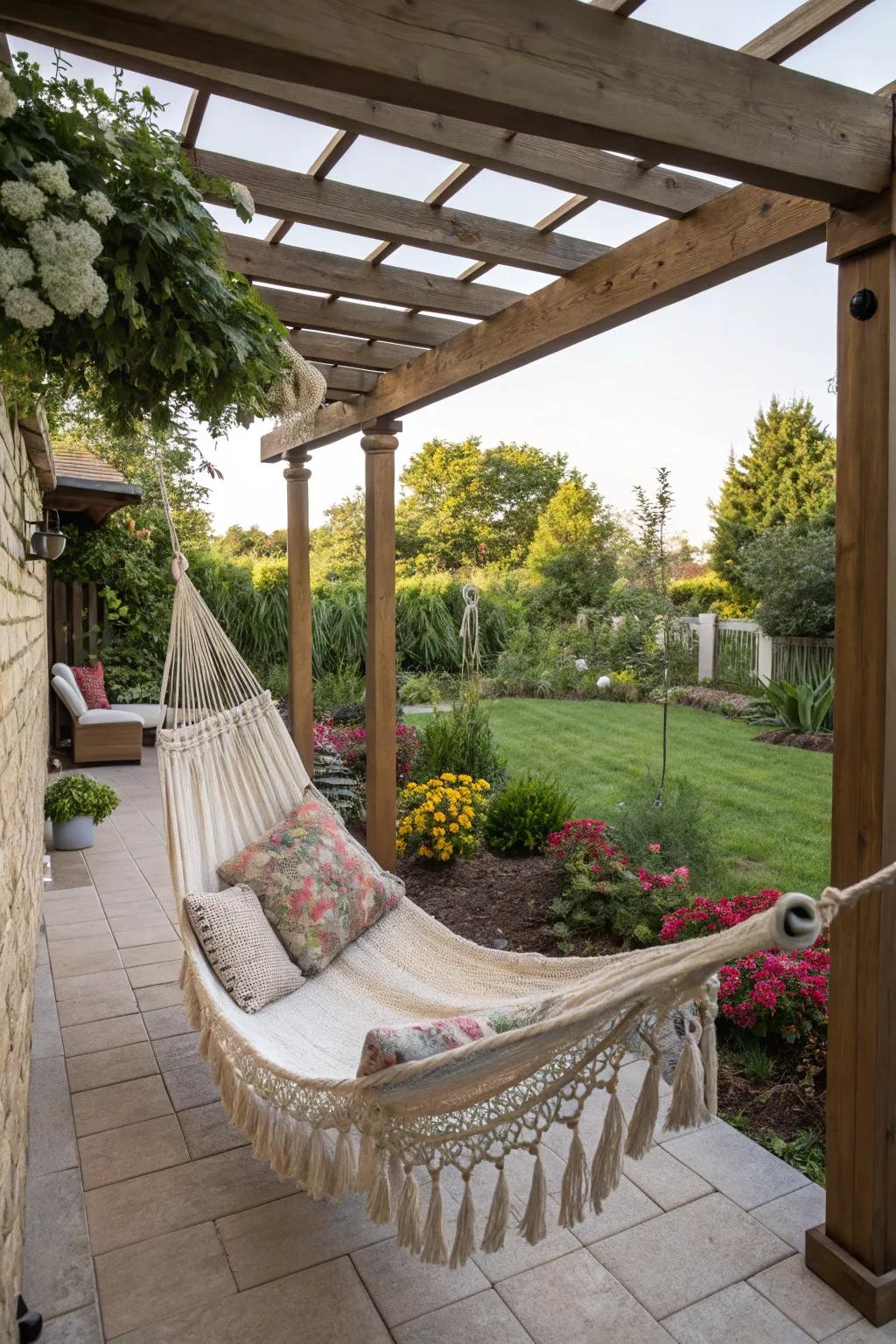 A hammock-accommodating framework extends a serene getaway on a small patio.