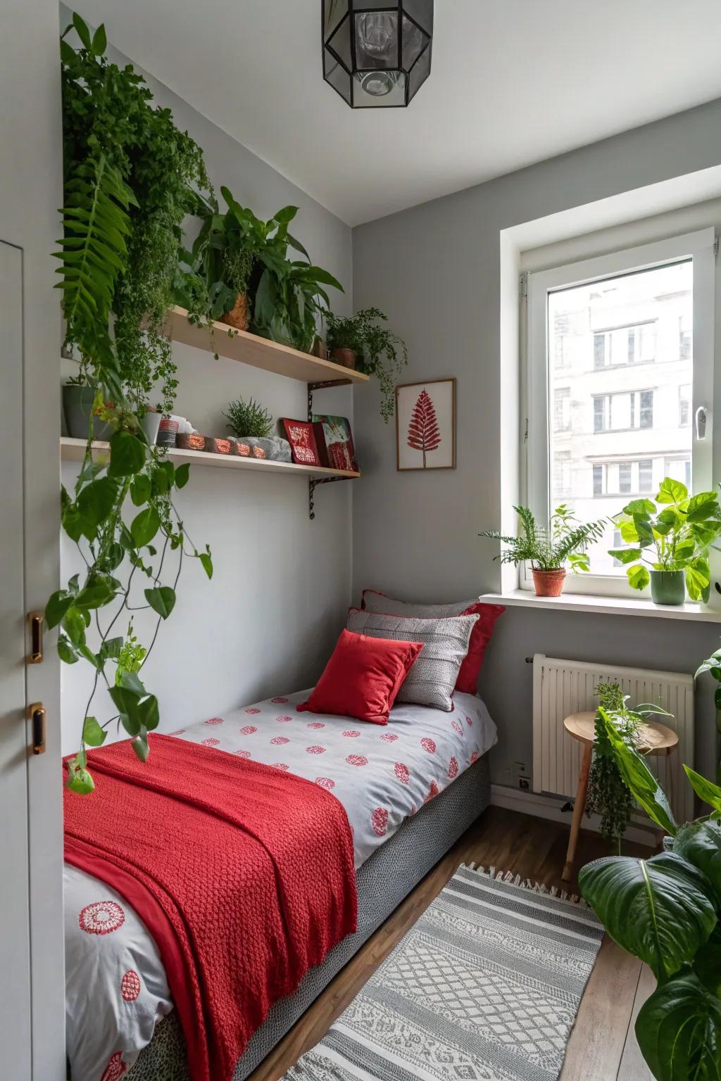 A small bedroom showcasing organic elements like green plants enhancing the scarlet and charcoal decor.