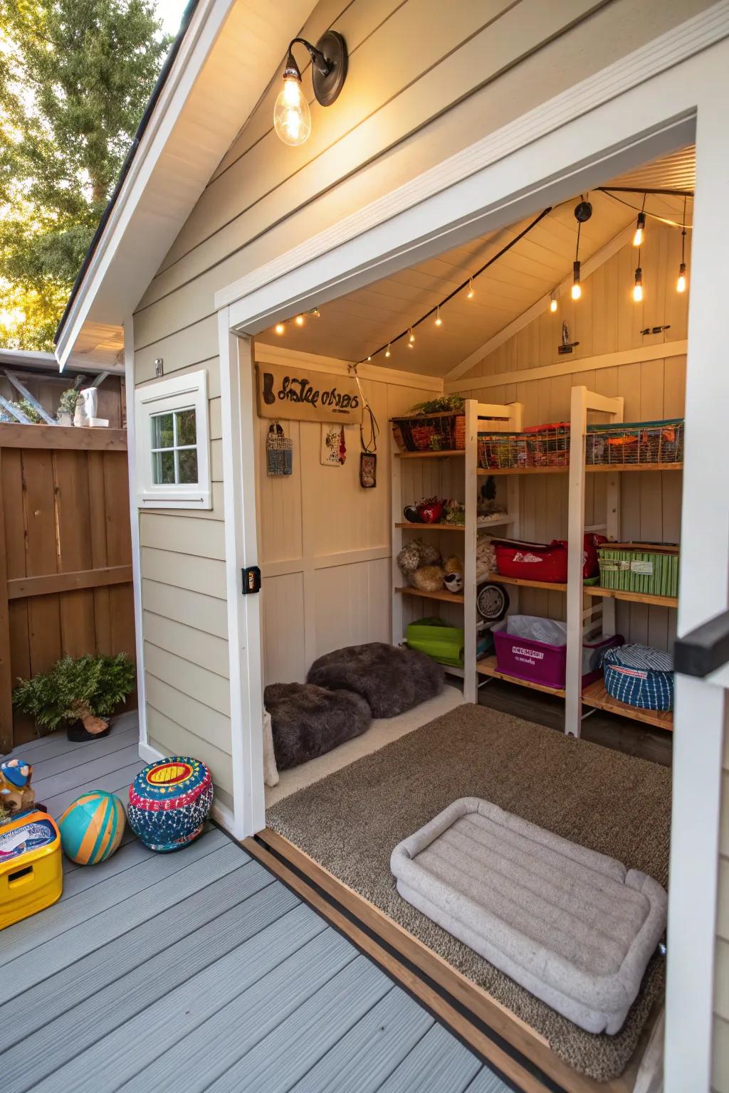A comfortable pet retreat inside a small shed.