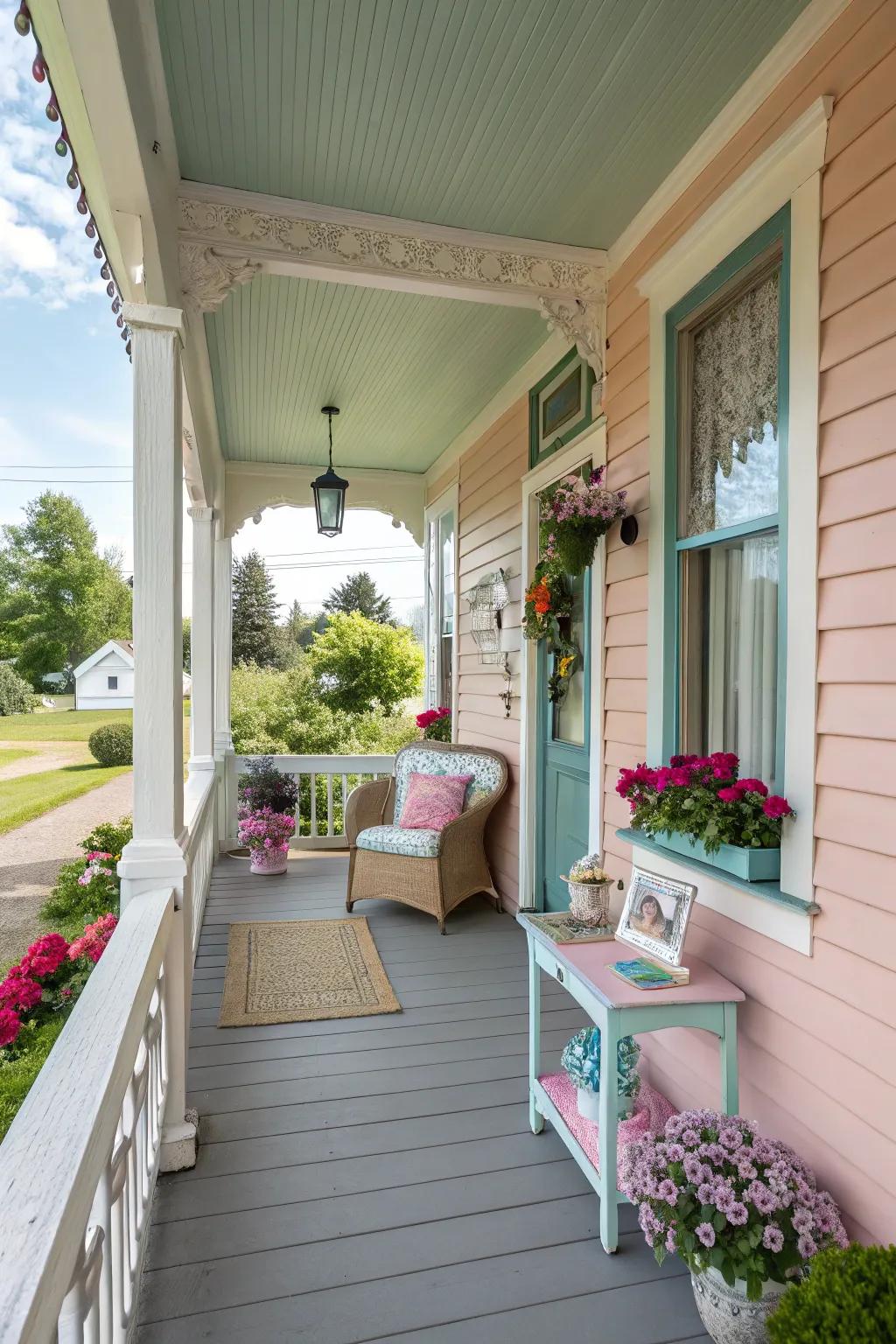 A side porch painted in soft pastel colors with bright decorative accents.