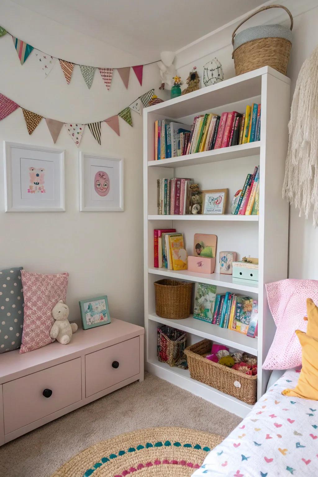 Exposed shelving provides storage and display options.