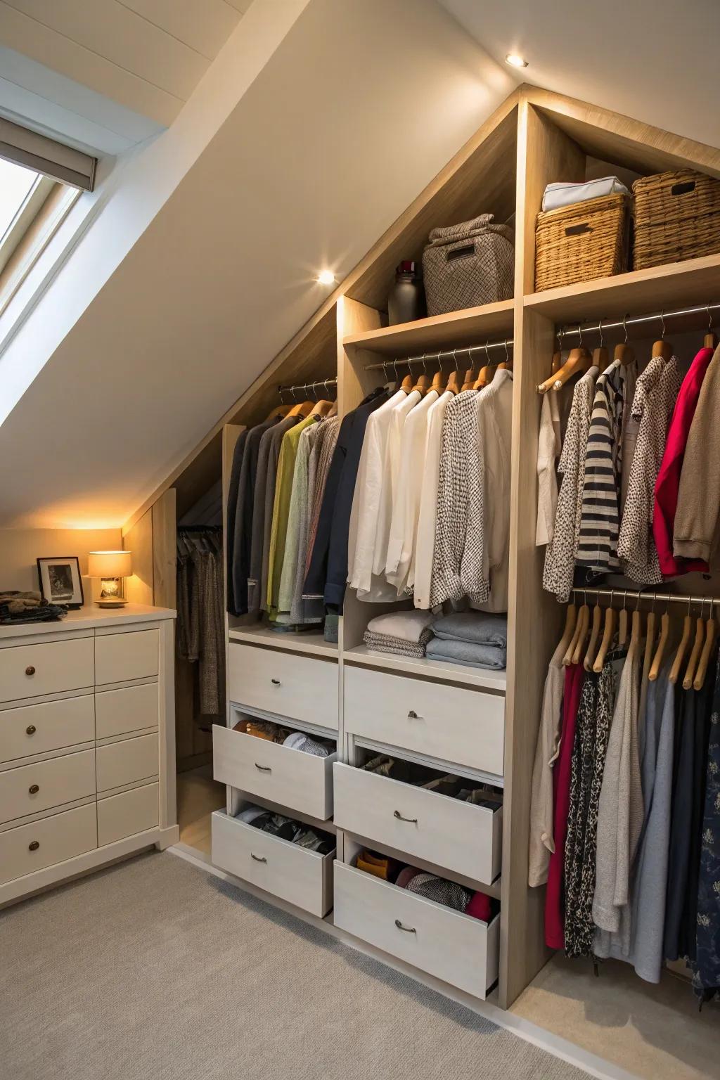 Drawer units are a clever way to utilize floor space in an angled attic.
