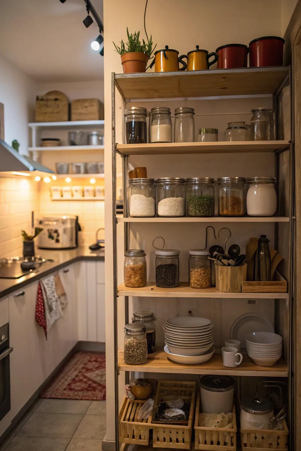 High shelving in a kitchen provides extra room for stowing jars and cooking equipment.