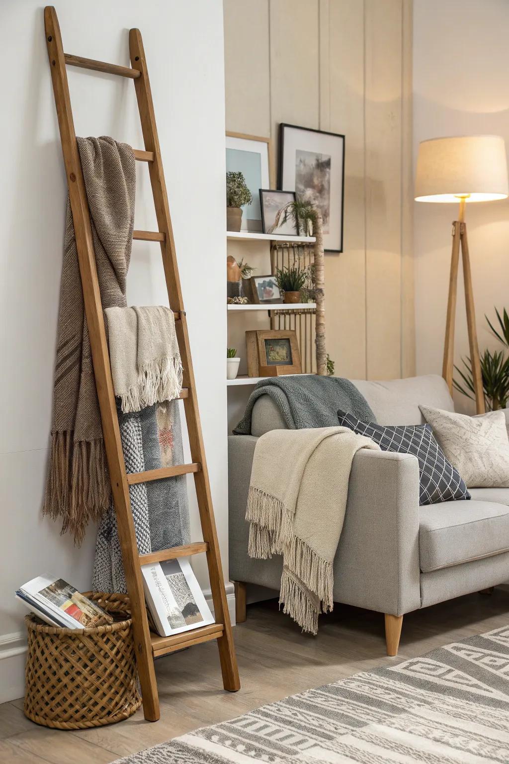 Storage ladders blend decor with practical utility.