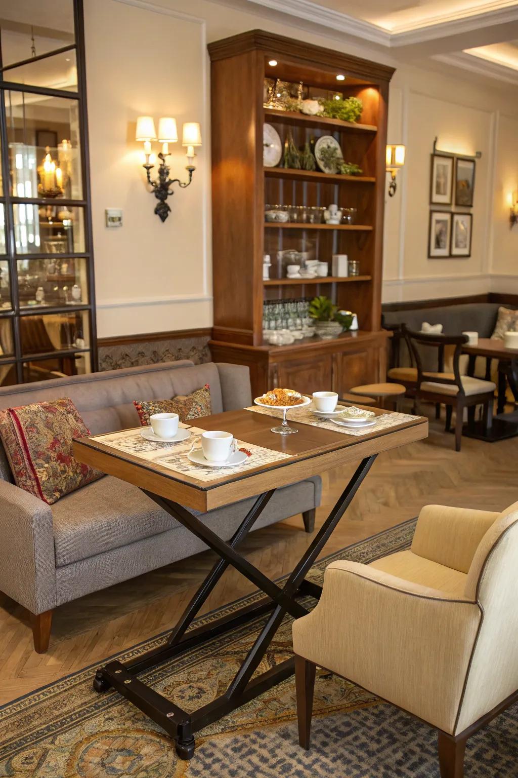 Versatile furniture adapts to your needs in a small tea space.