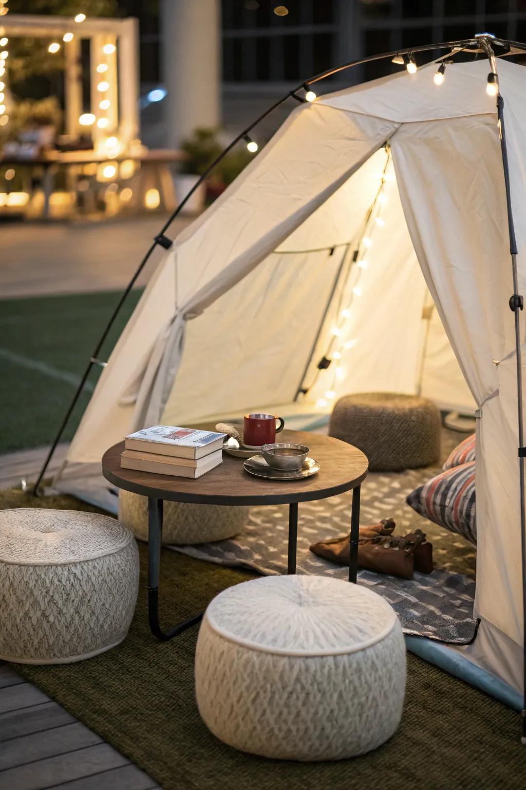 Functional tent space with simple furnishings.