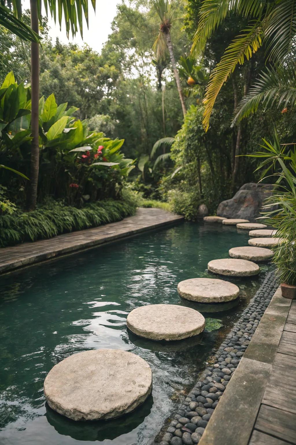 Floating pavers craft an enchanting pathway across your tropical pool.