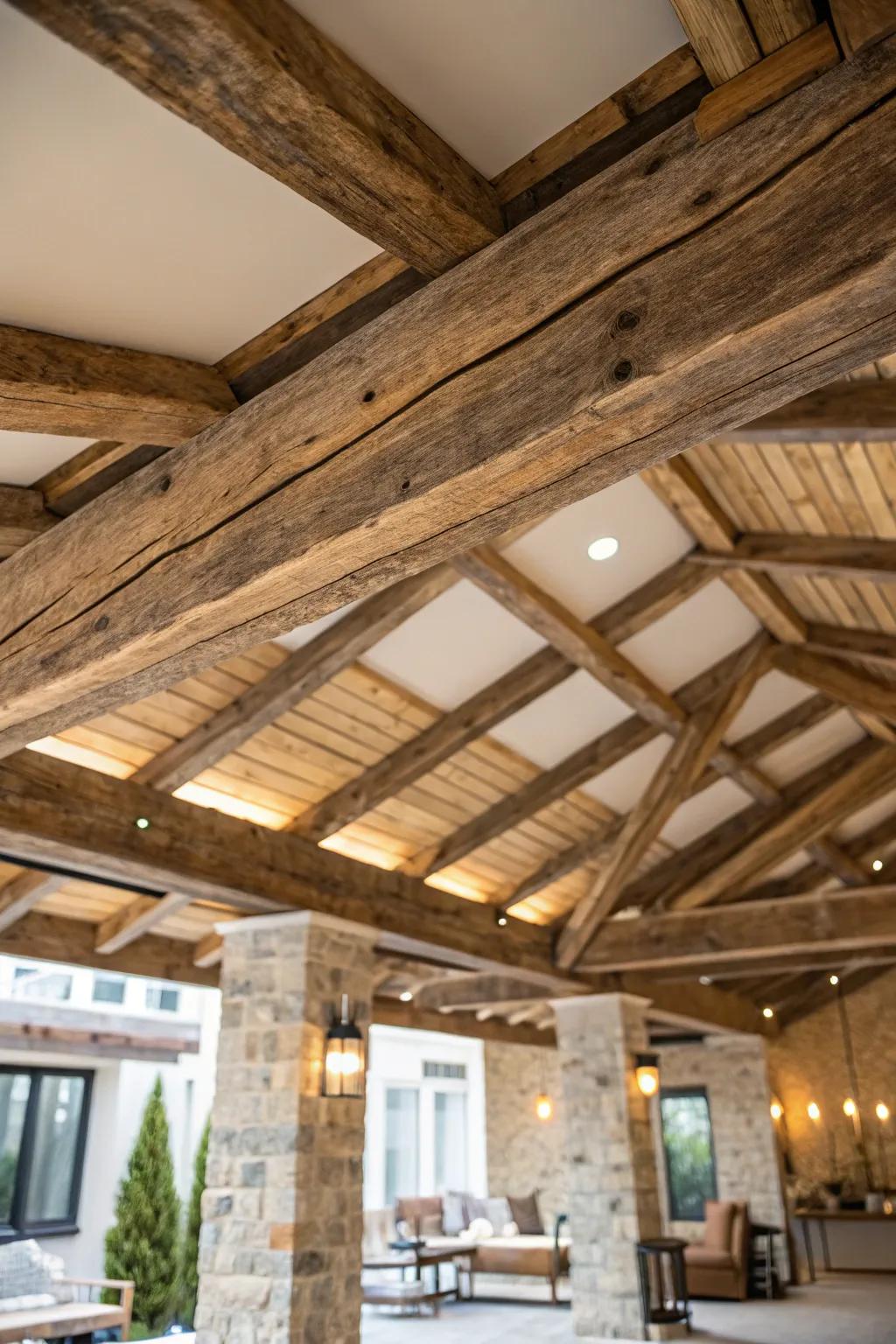 Rustic girders enrich with warmth and allure.