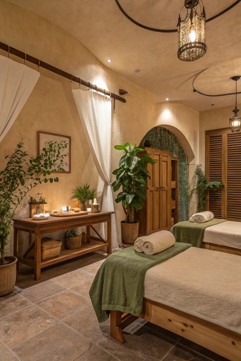 Employ warm tones to craft a cozy spa ambiance.