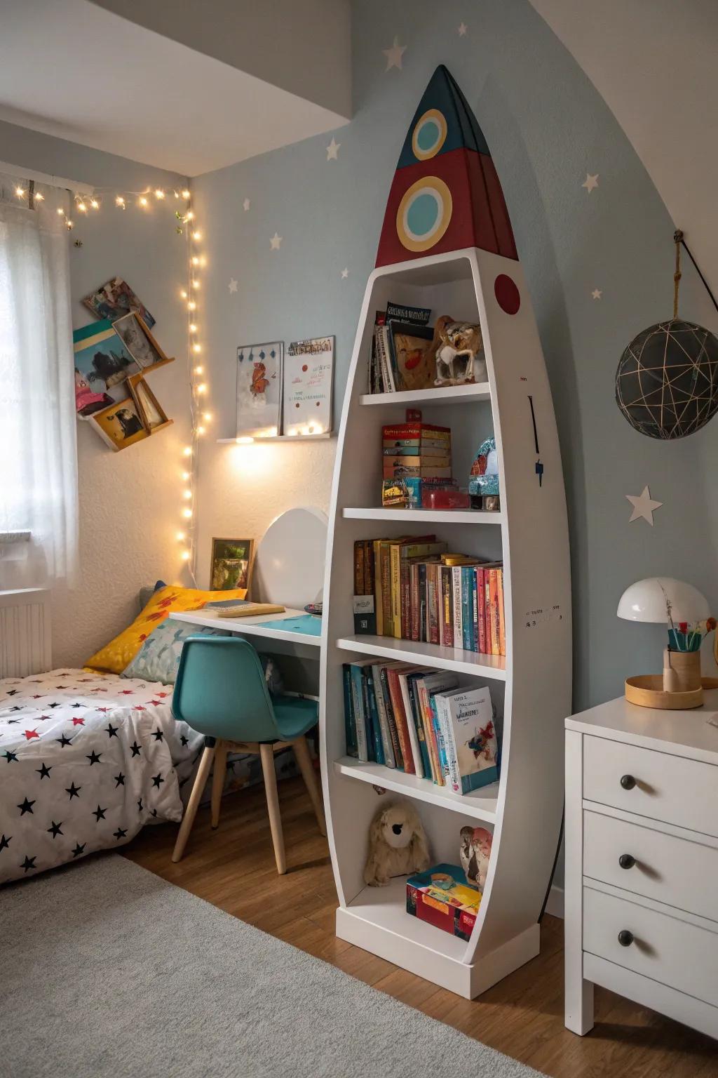 An orbital vessel-shaped bookshelf that combines functionality with fun.