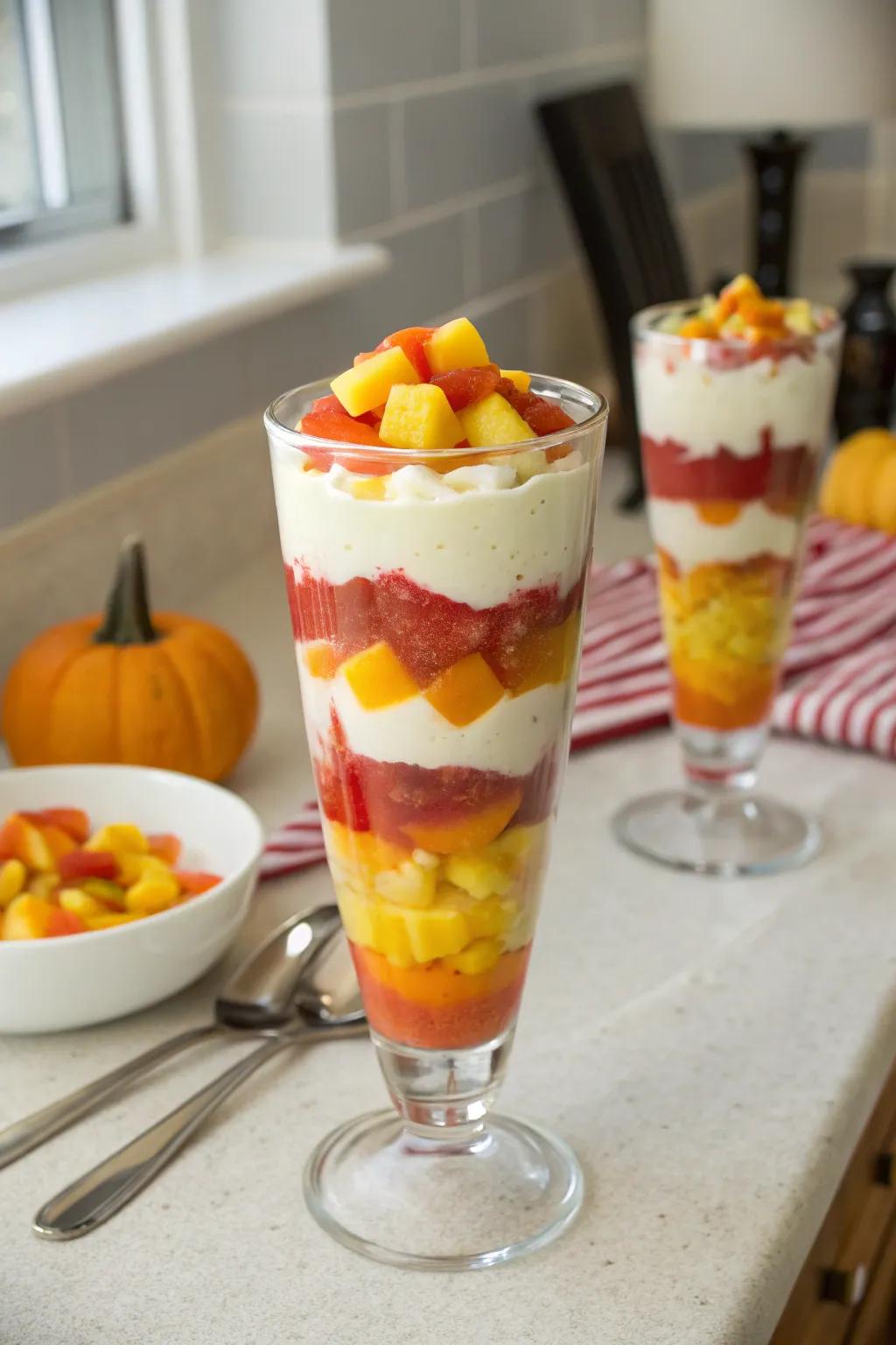 Confectionery corn fruit parfait furnishing a wholesome, jubilant indulgence.