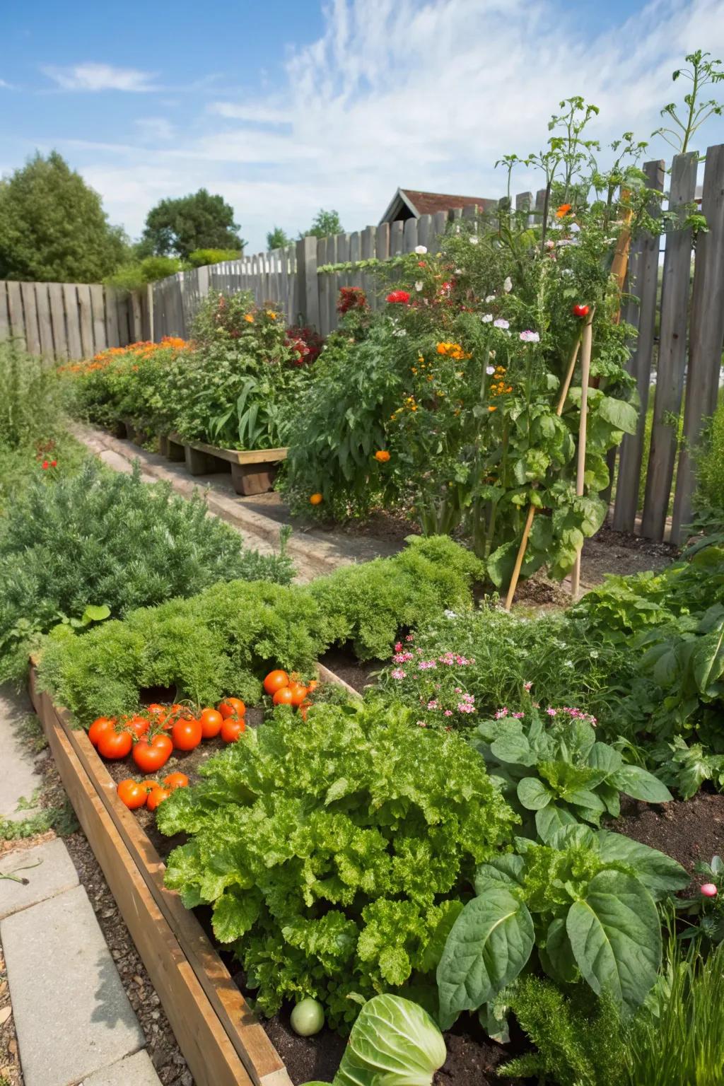 An edible garden brimming with vegetables and herbs provides fresh constituents for the kitchen.