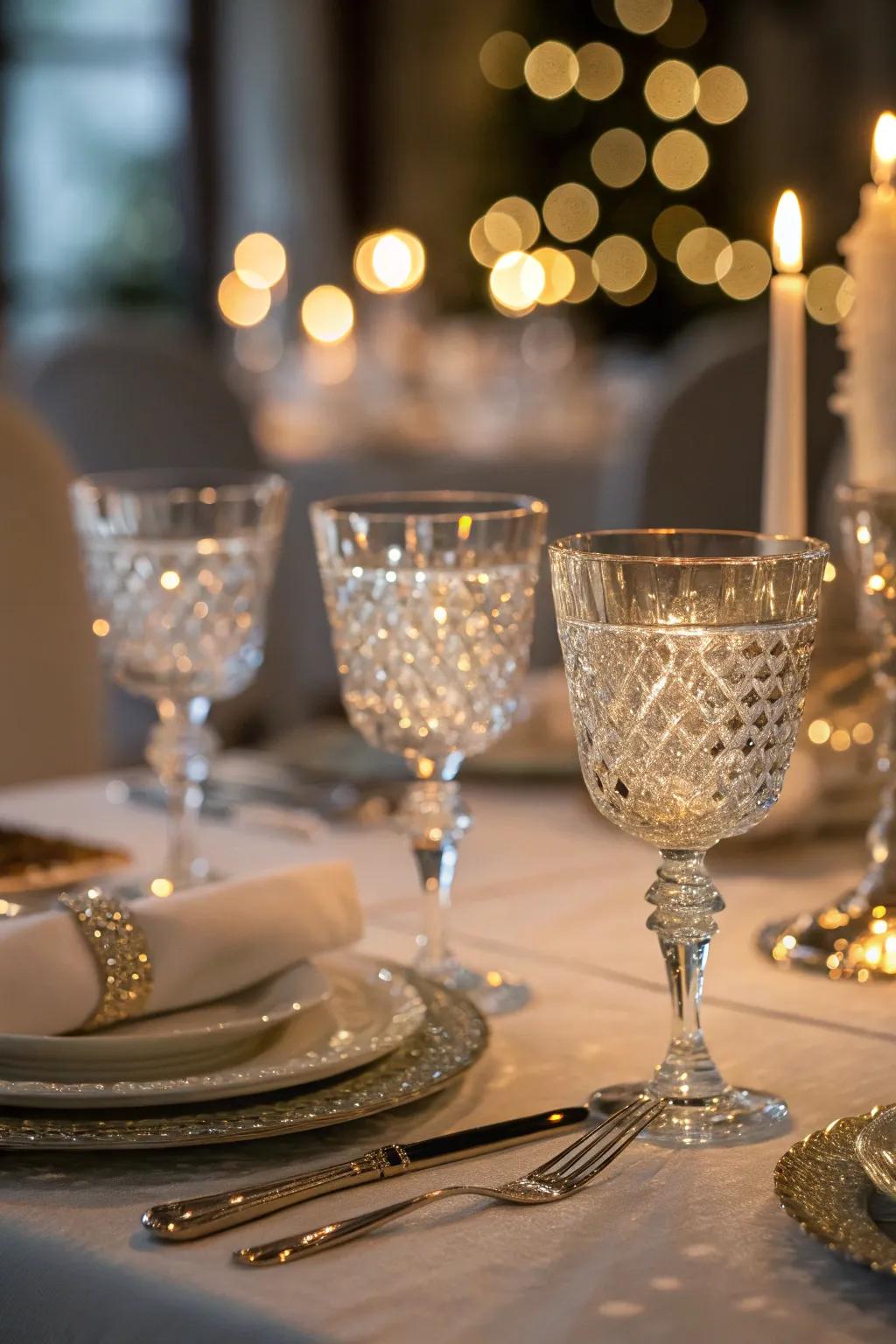 Shimmering glassware introduces an elegant and glittering touch.