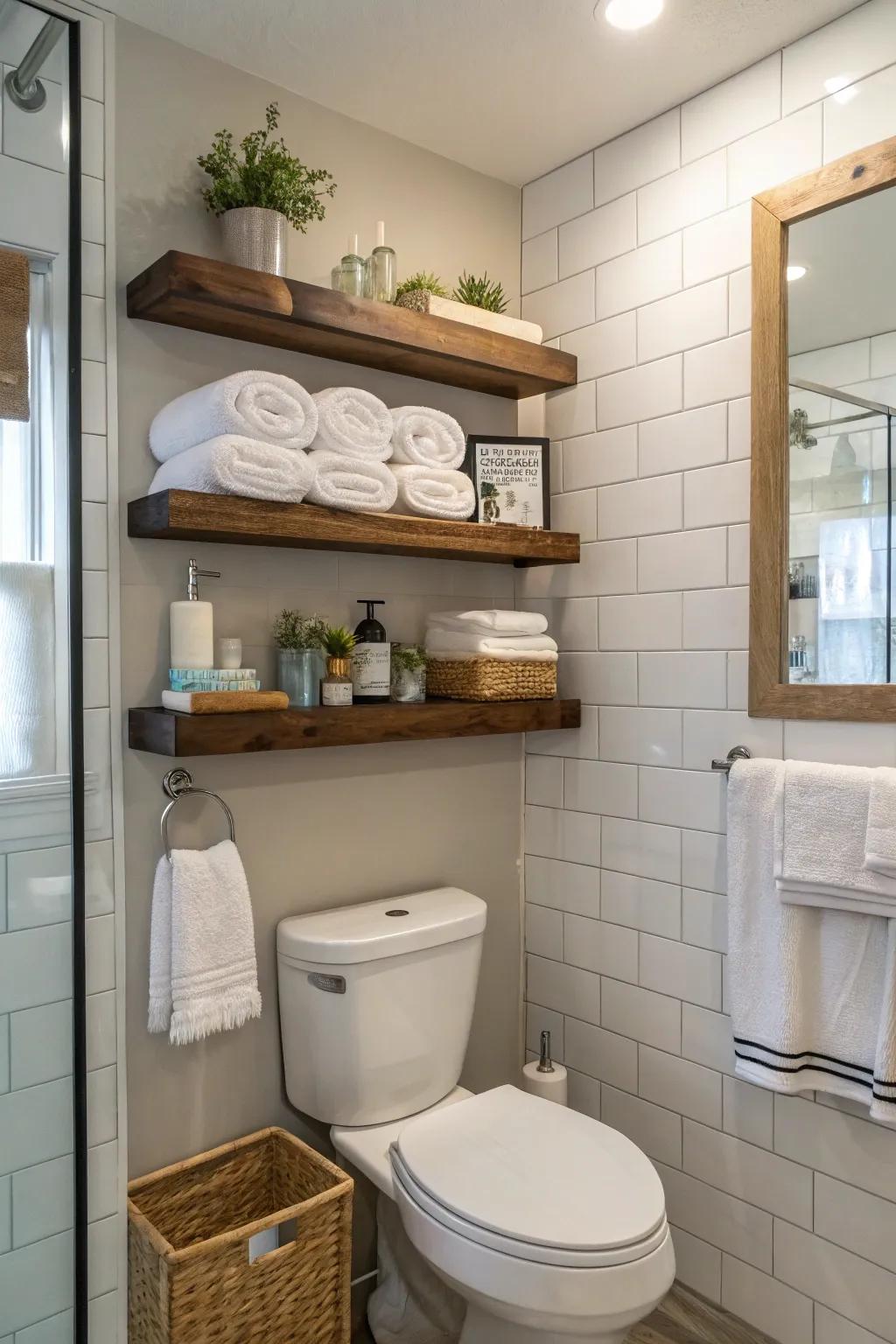 Practical restroom storage featuring tiered ledges.