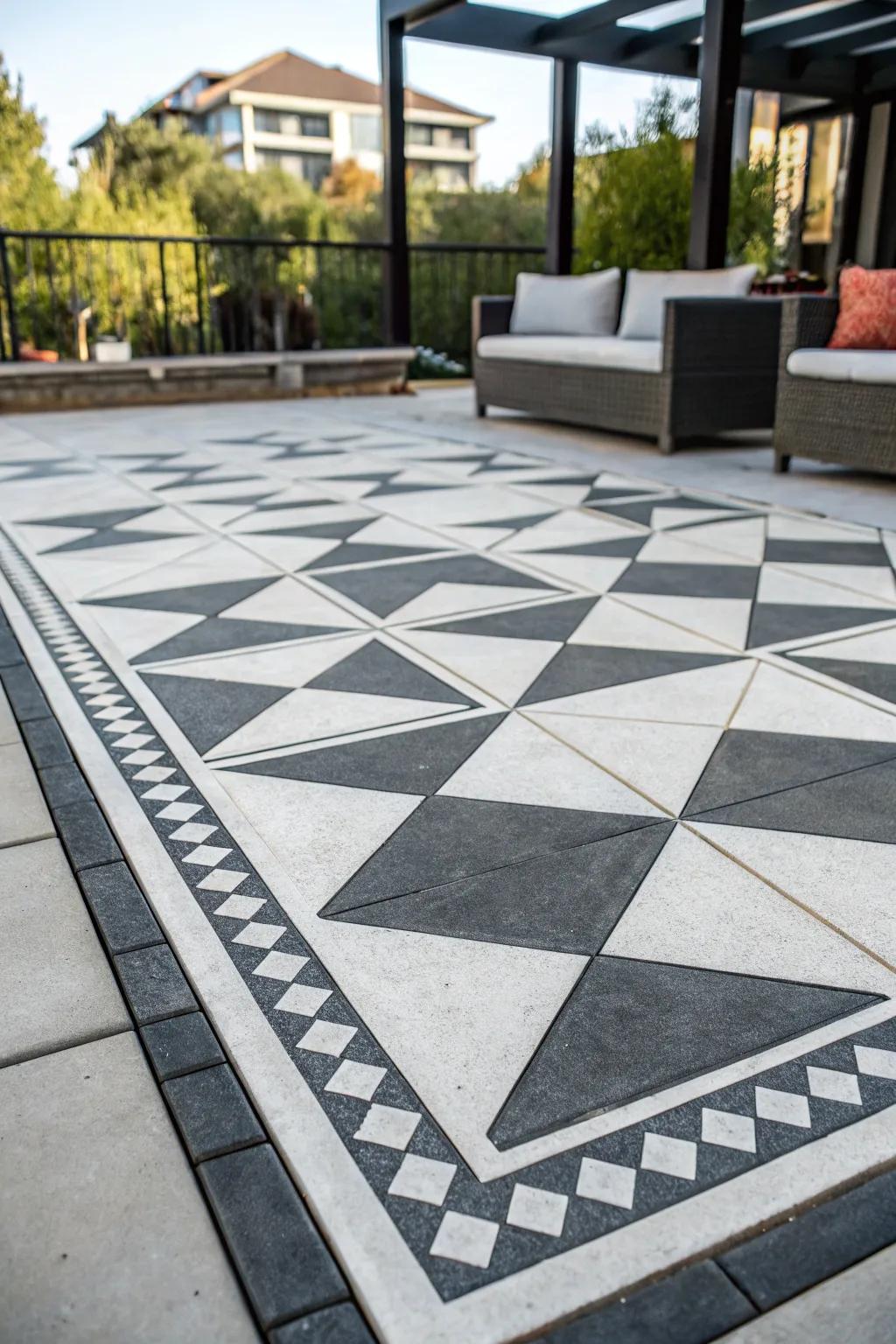 A modern patio featuring geometric tinted concrete patterns.