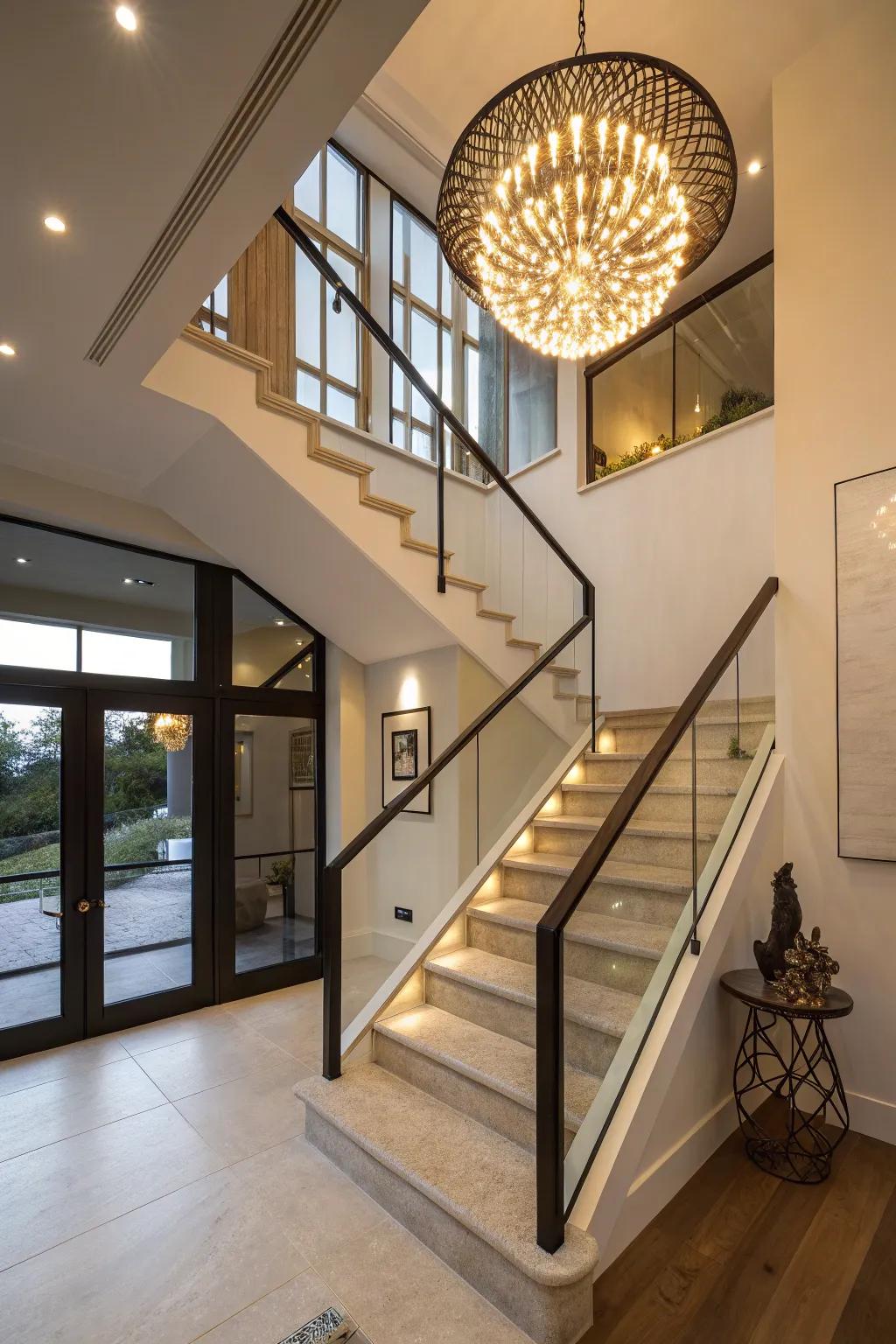 Statement illumination emphasizes the architectural facets of this stairwell.