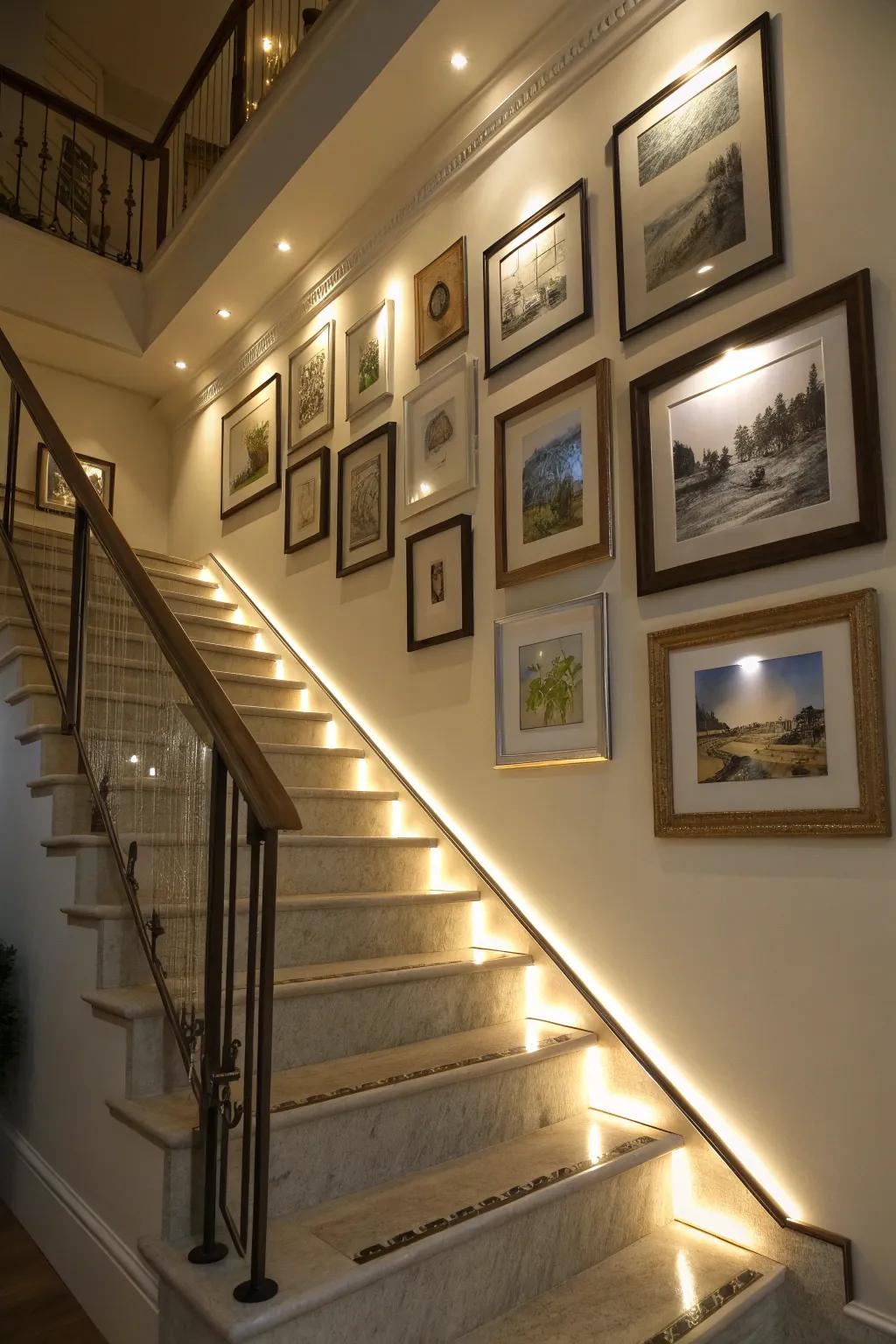 LED lighting can enhance the charm of art installations along staircase walls.