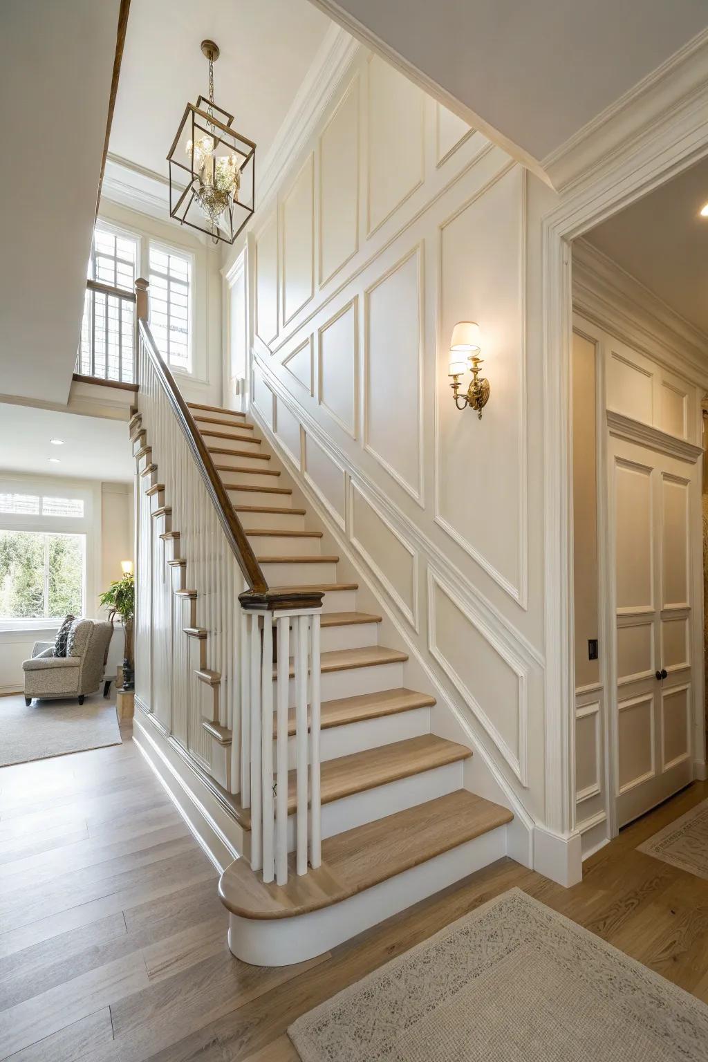 Light shades and pared-down decor establish an open and spacious staircase.
