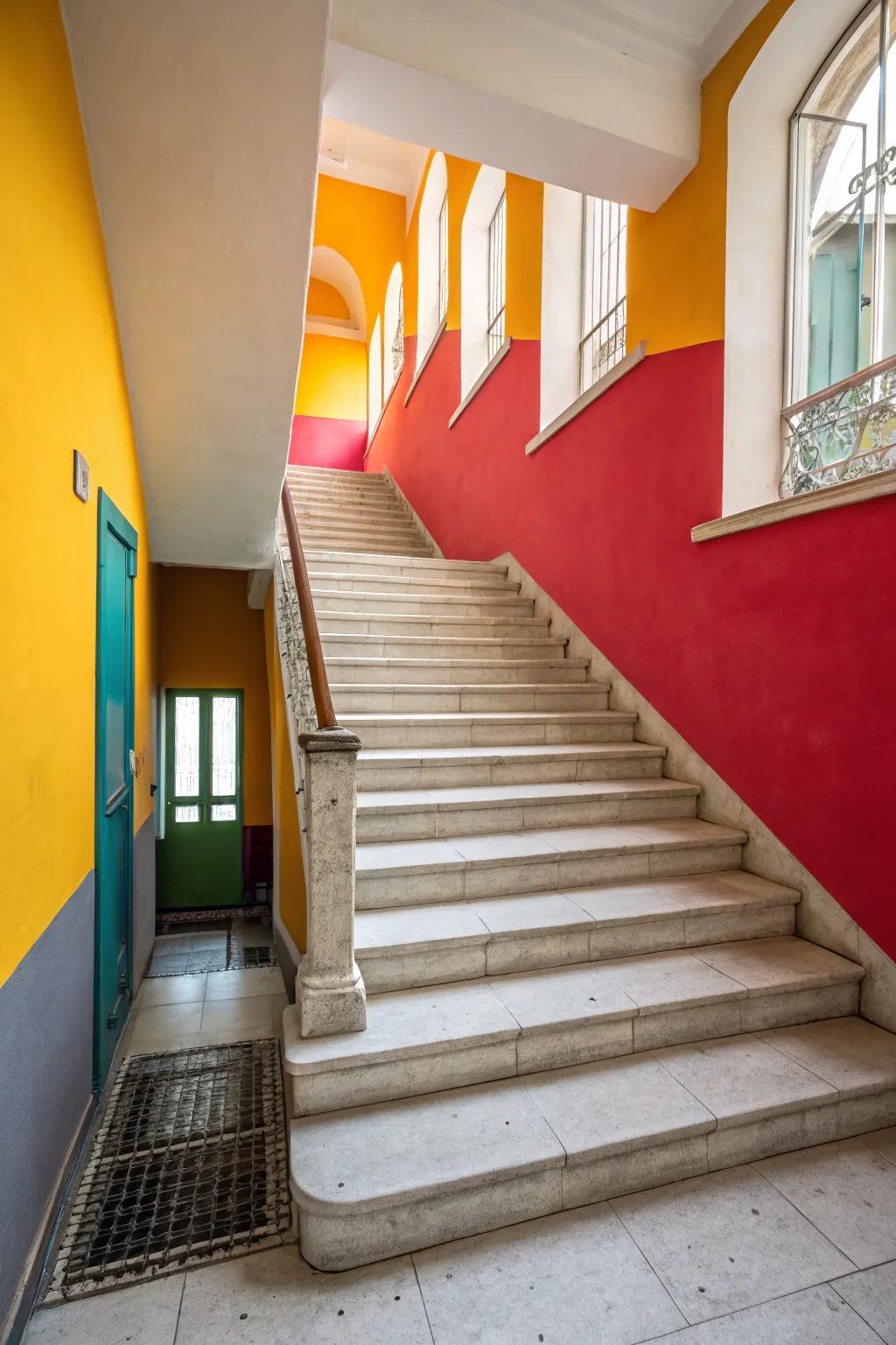 Spotlight your staircase using contrasting hue combinations.