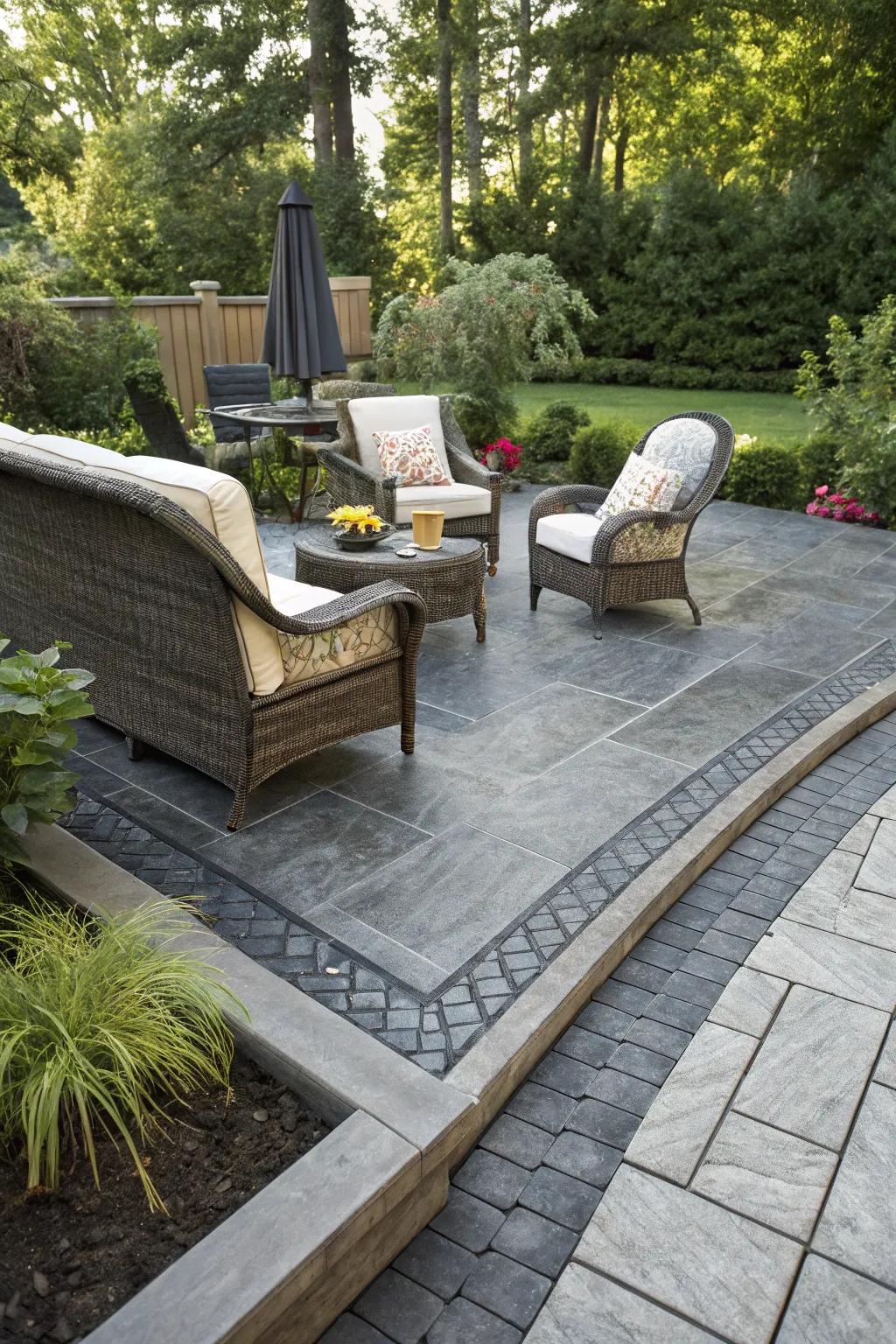 Sophisticated outdoor space featuring a slate stamped concrete border