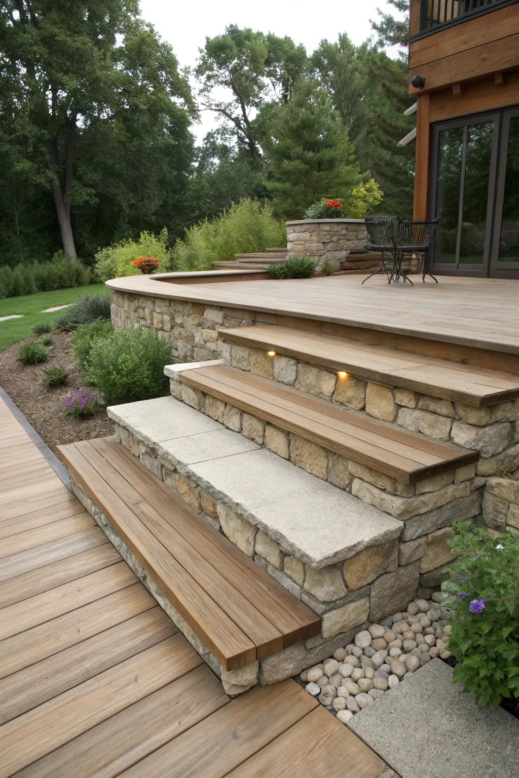 Rock steps exquisitely incorporated into the overarching skirting scheme of the deck.
