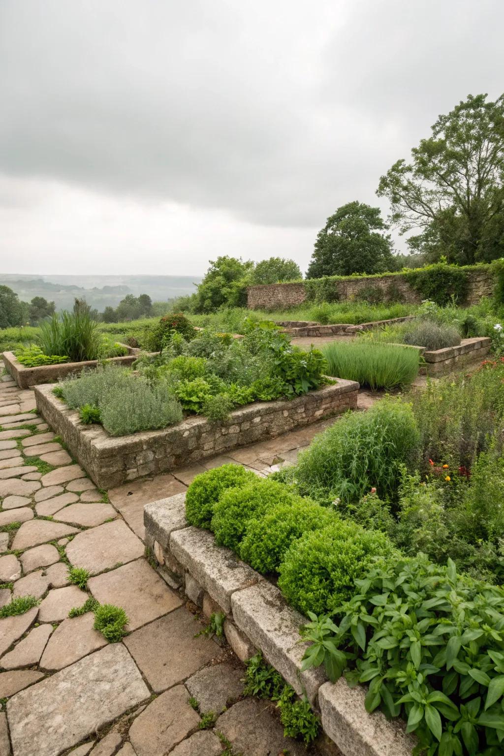 A flourishing stone herb garden leveraging natural warmth.