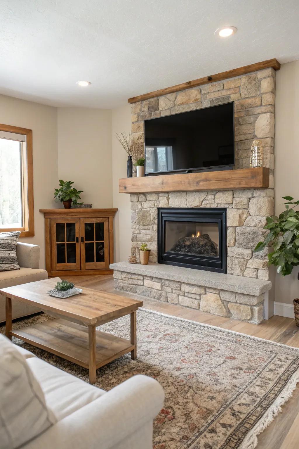 Design a cozy corner using a masonry hearth that adds character to any room.